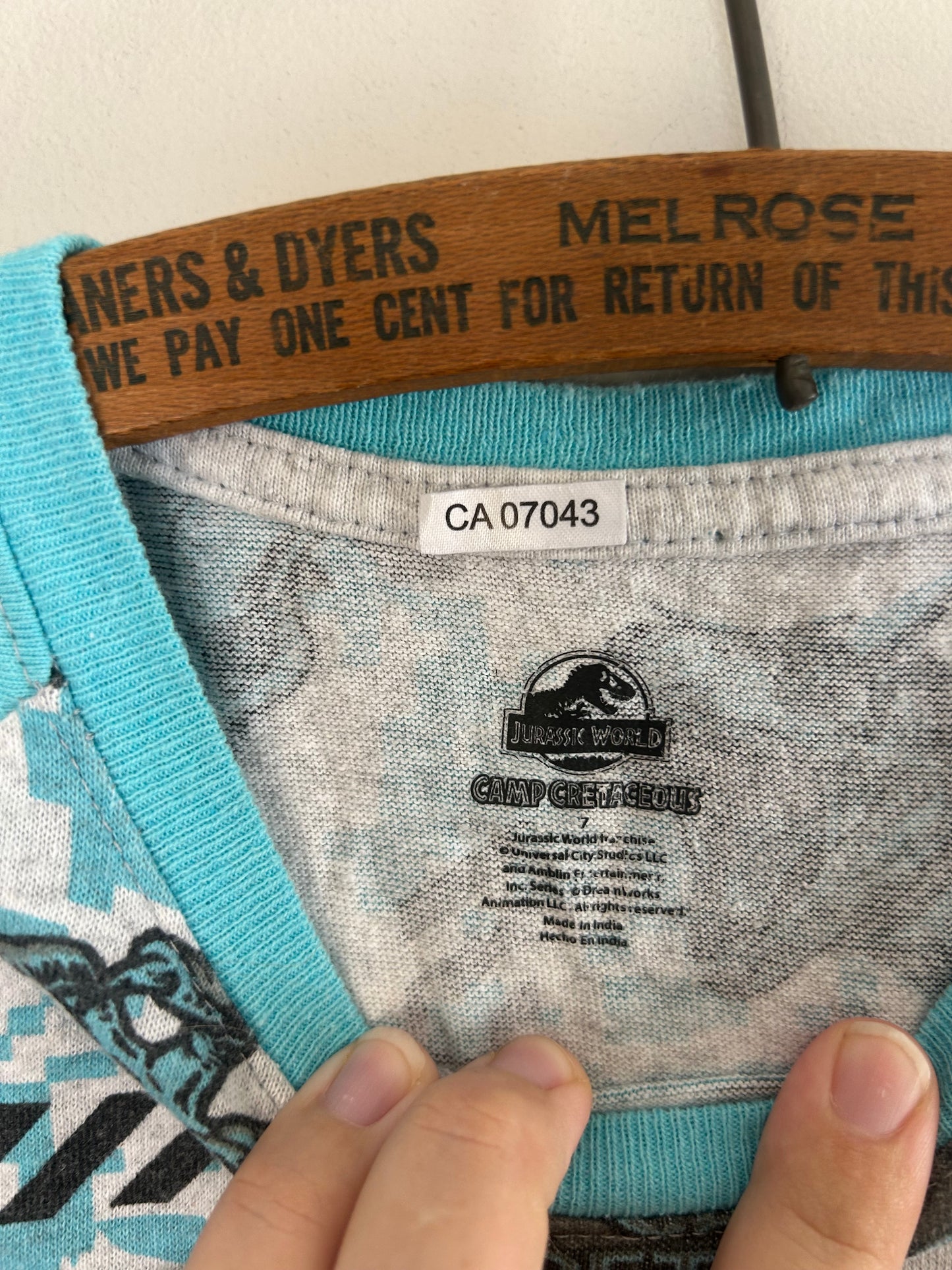 Jurassic World youth 7 blue & grey Dino tshirt