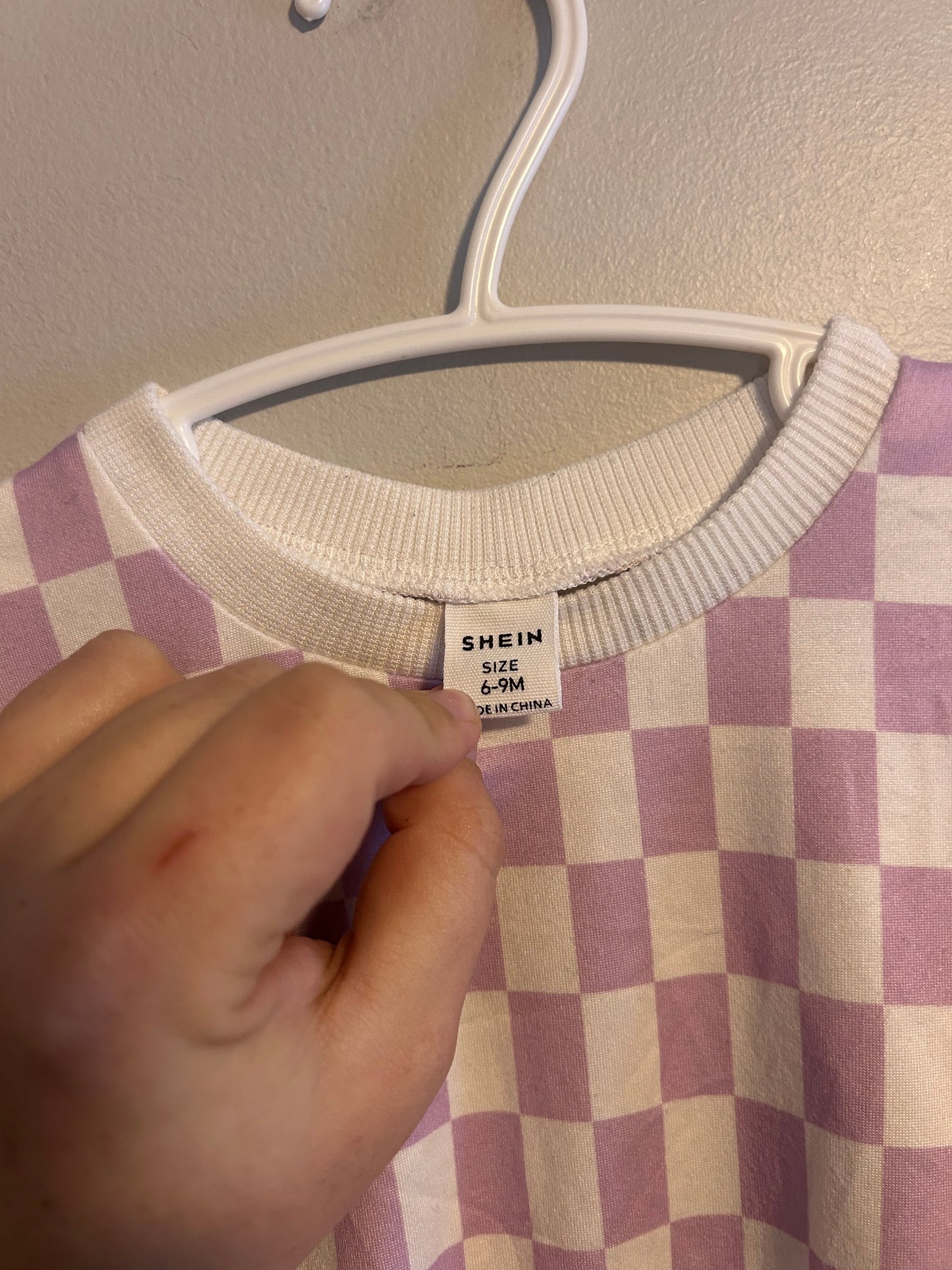 Shein 6/9m purple checkered romper