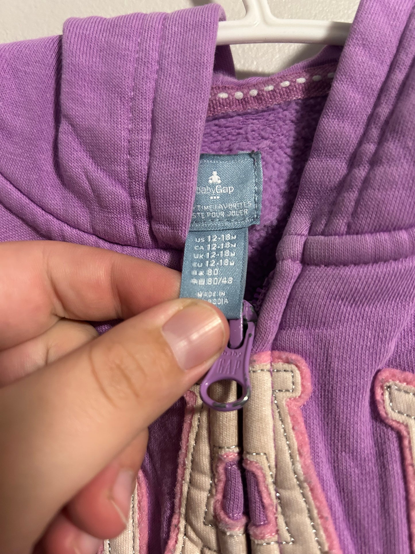 Gap 12/18m purple zip up hoodie