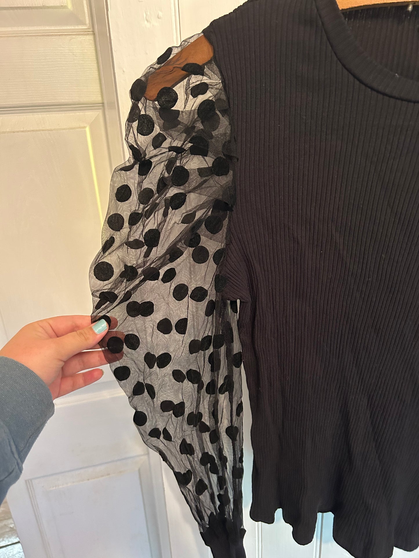 Shein xl black sheer polka dot puff sleeve top