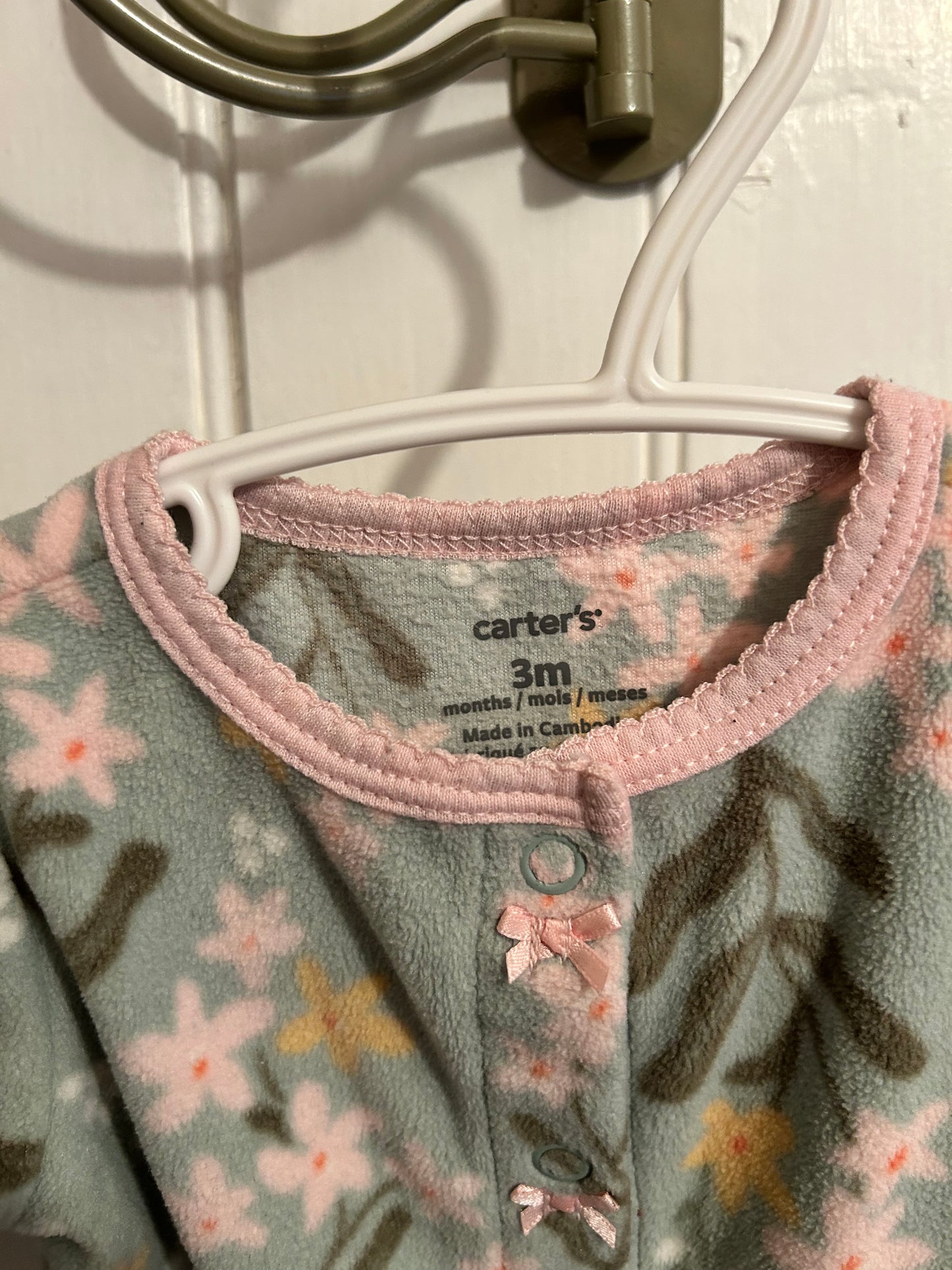 Carters 3m sage green & pink floral fleece sleeper