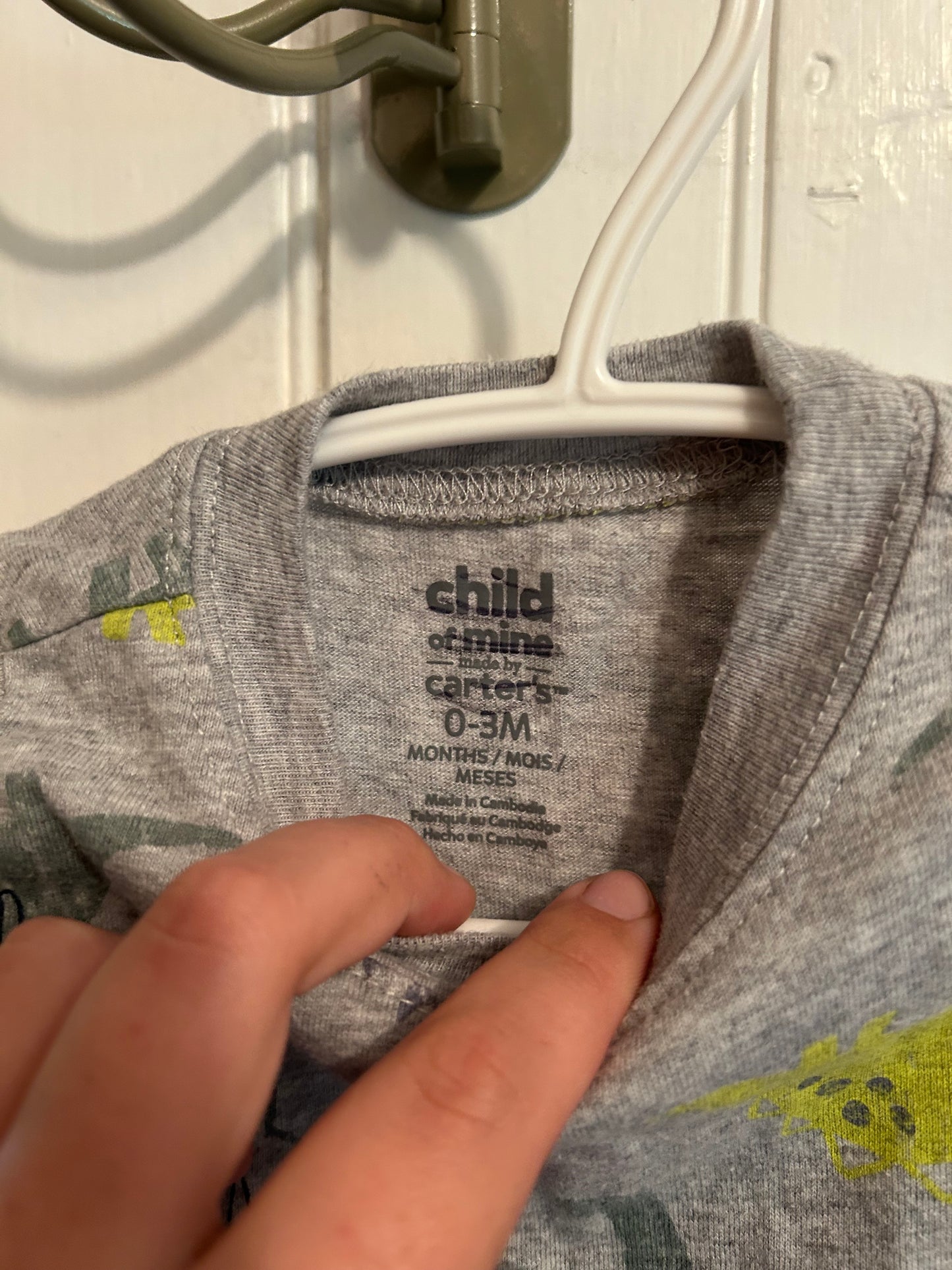 Carters 0/3m grey & green Dino romper