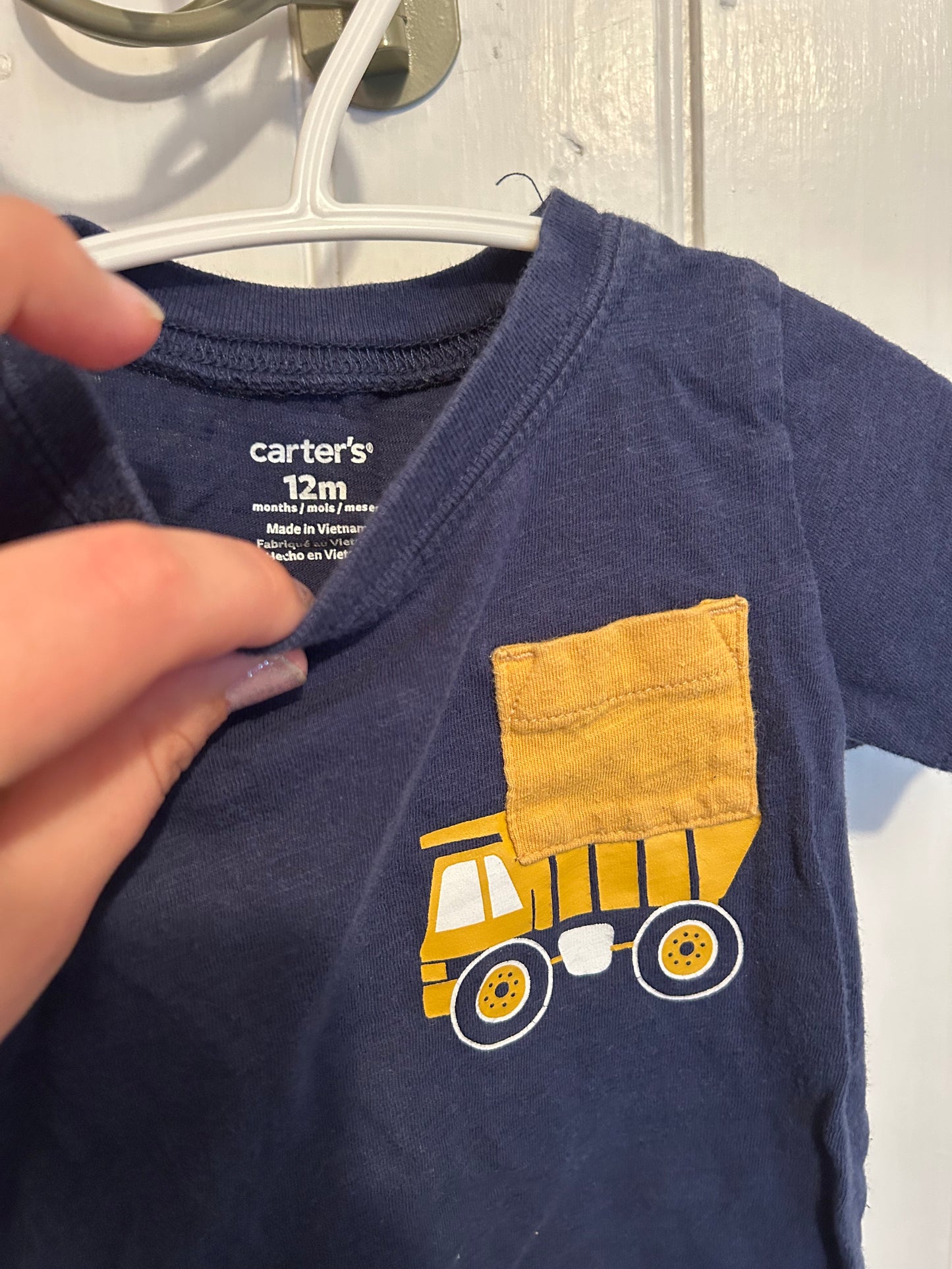 Carters 12m navy & yellow truck pocket tshirt