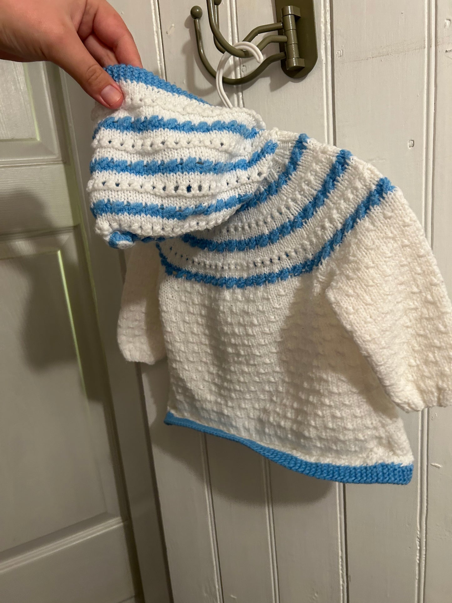 Handmade 12m blue & white knit button up hooded cardigan