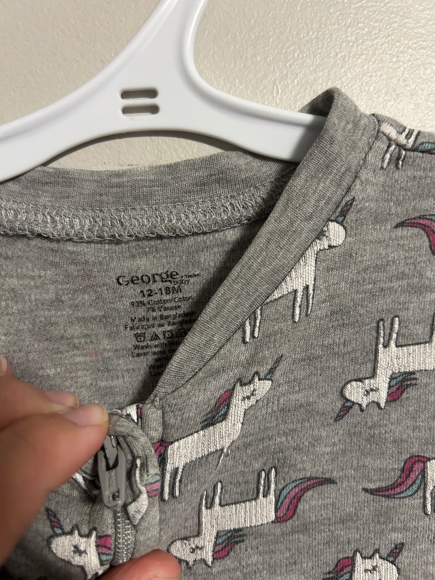 George 12/18m grey unicorn zip up sleeper
