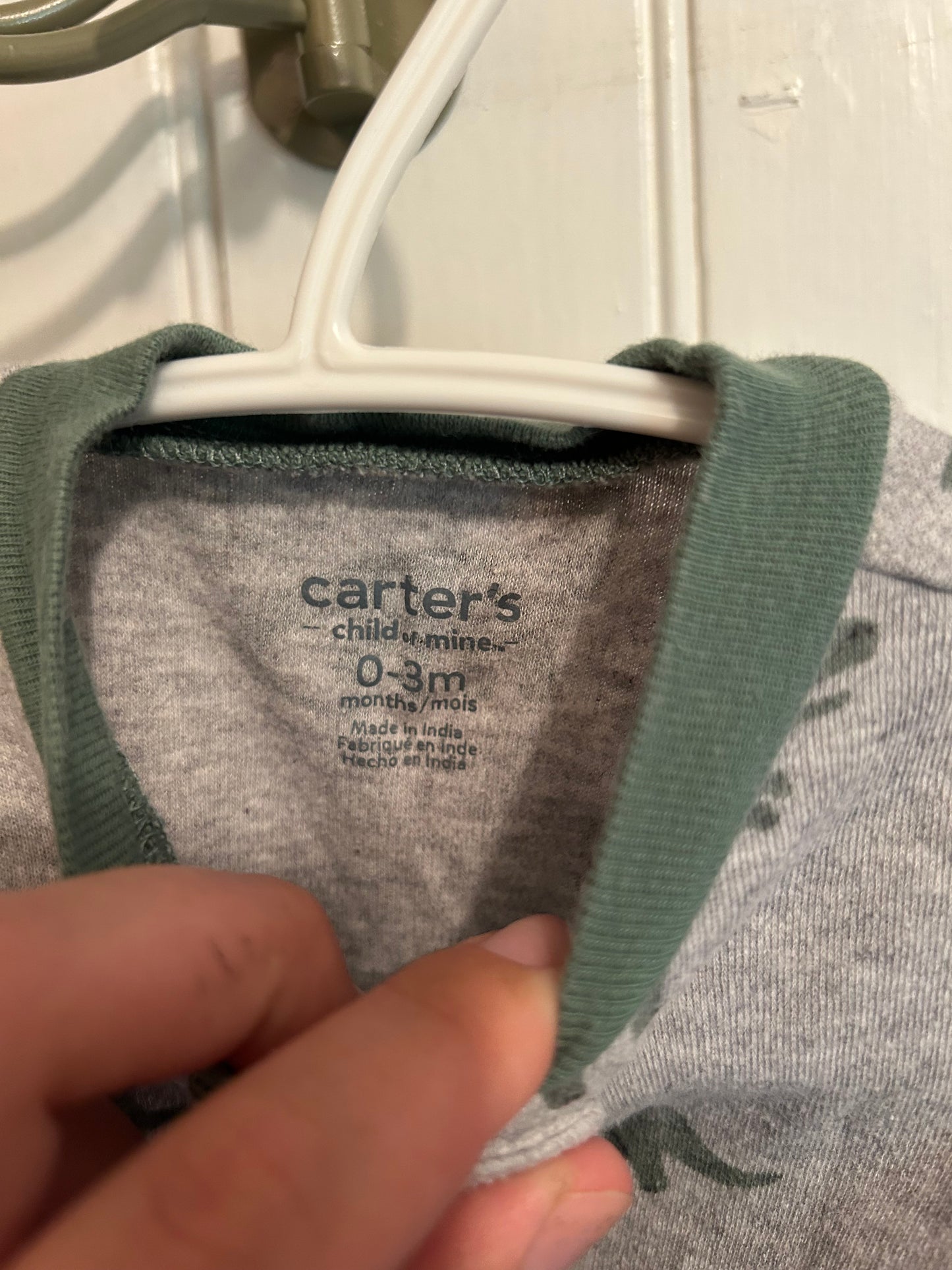 Carters 0/3m grey & green Dino zip up sleeper