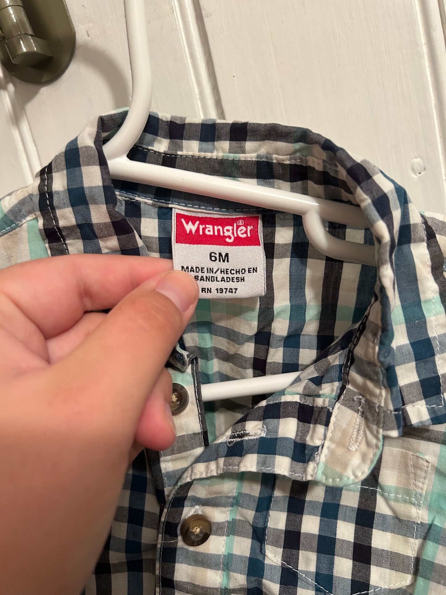 Wrangler 6m blue plaid onesie & pants set