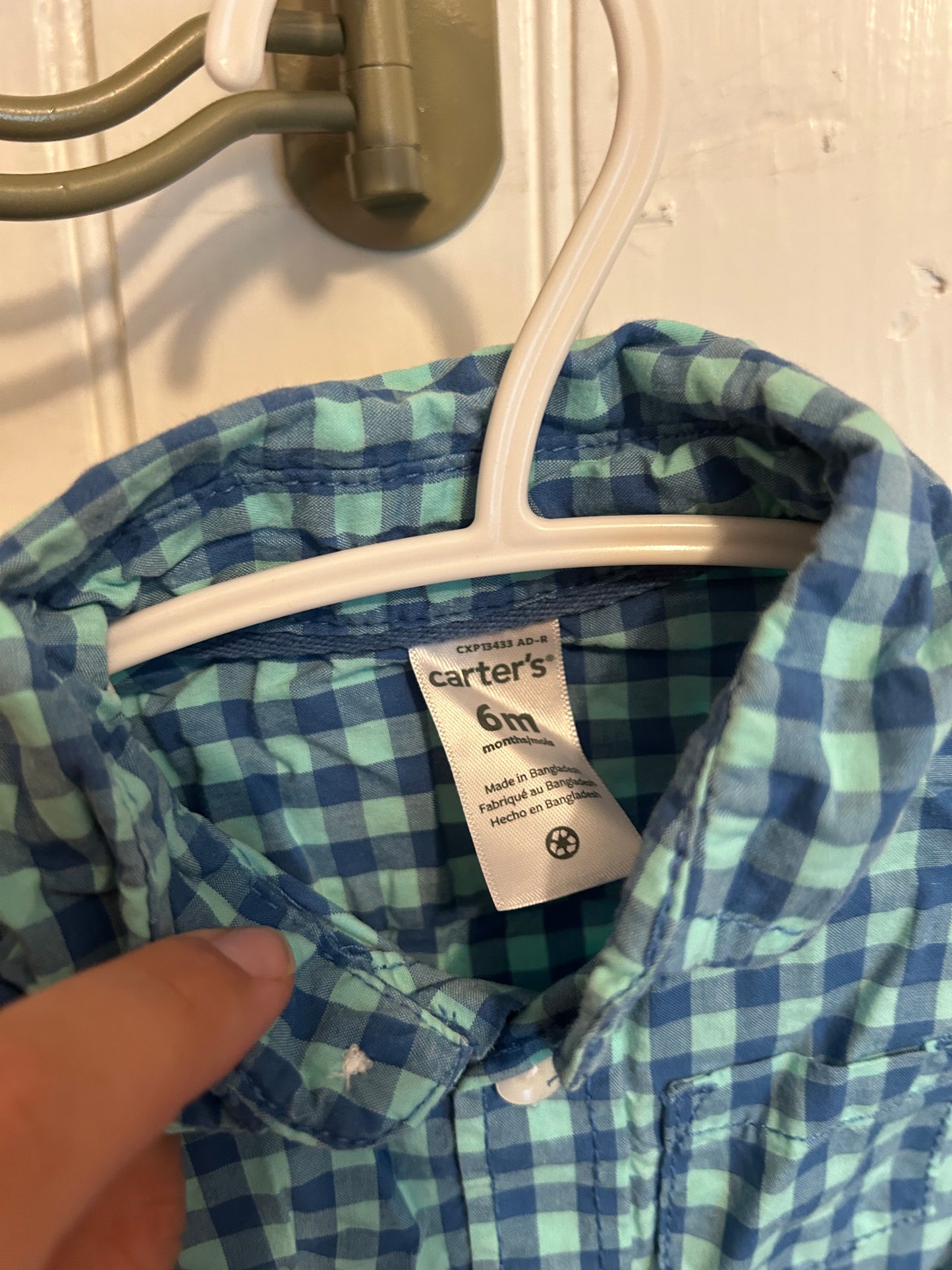 Carters 6m blue gingham flannel onesie