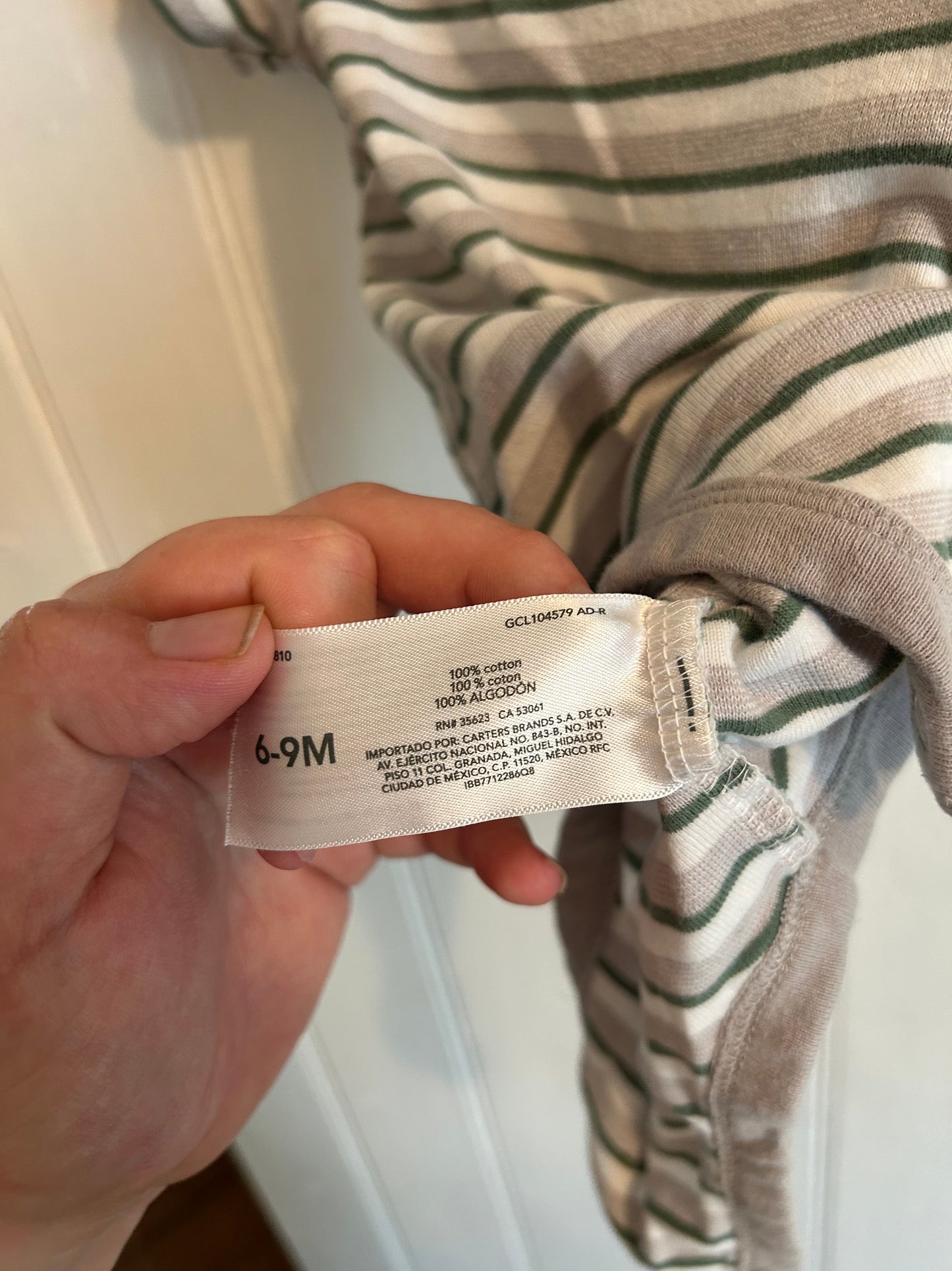 Carters 6/9m green & grey striped onesie