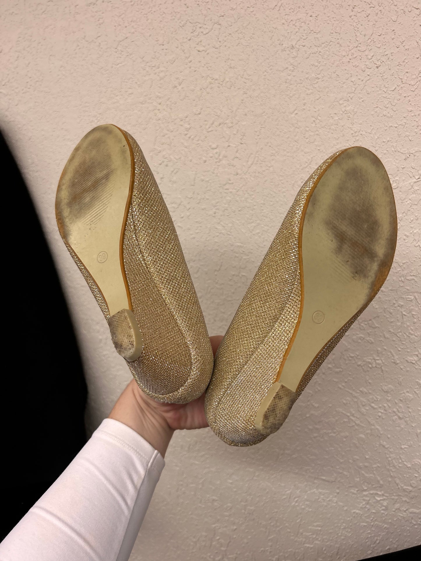 Steps 6 gold glitter wedge heels