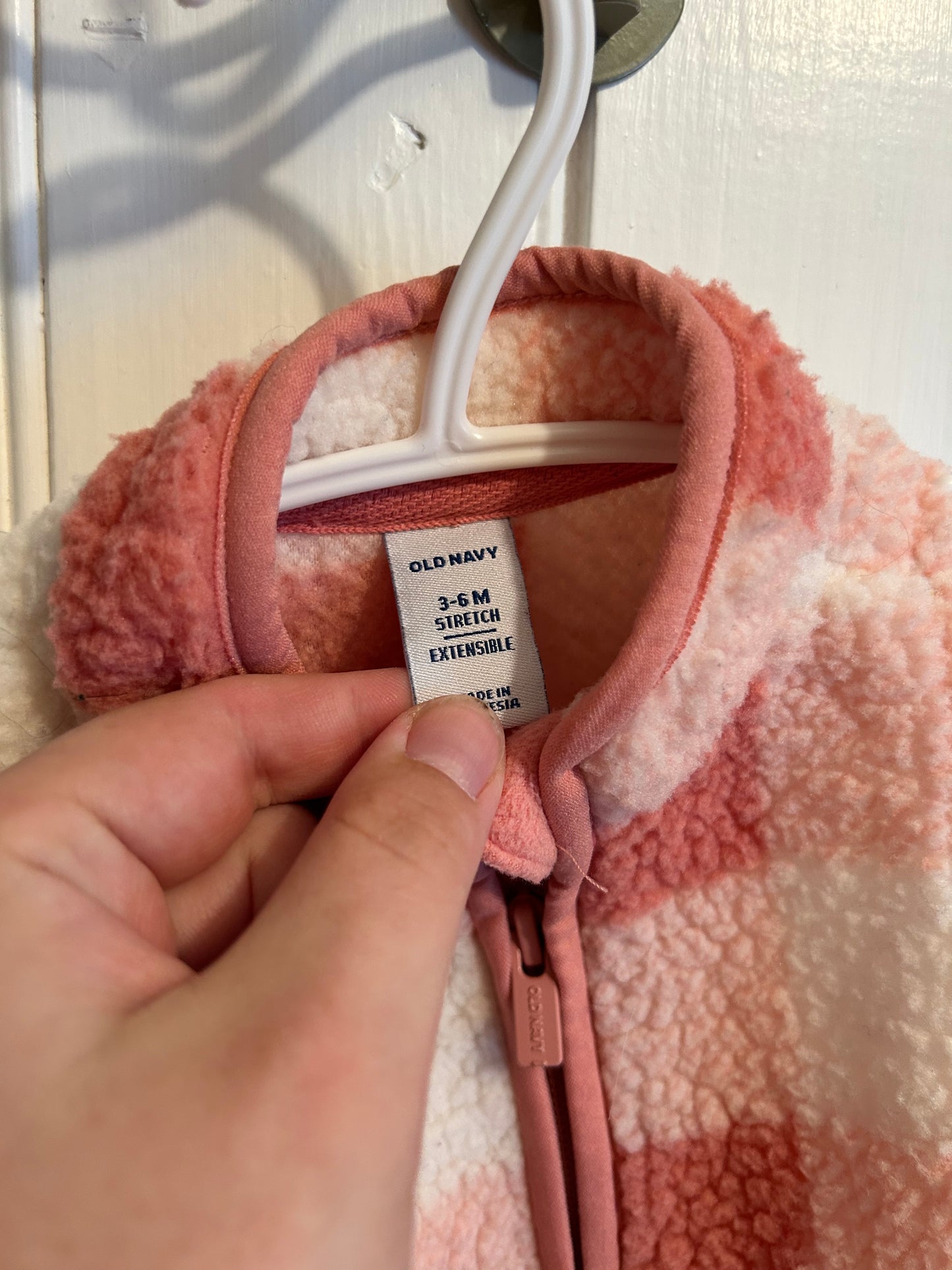 Old navy 3/6m pink & white gingham Sherpa vest