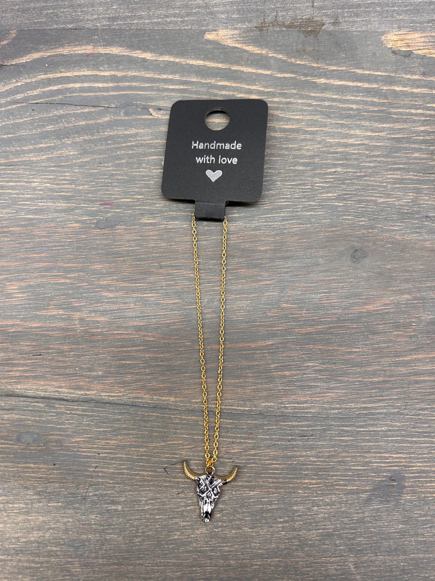 Black Aztec bull skull necklace