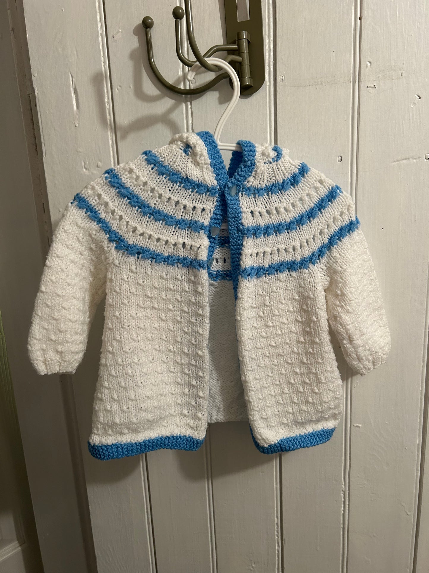 Handmade 12m blue & white knit button up hooded cardigan
