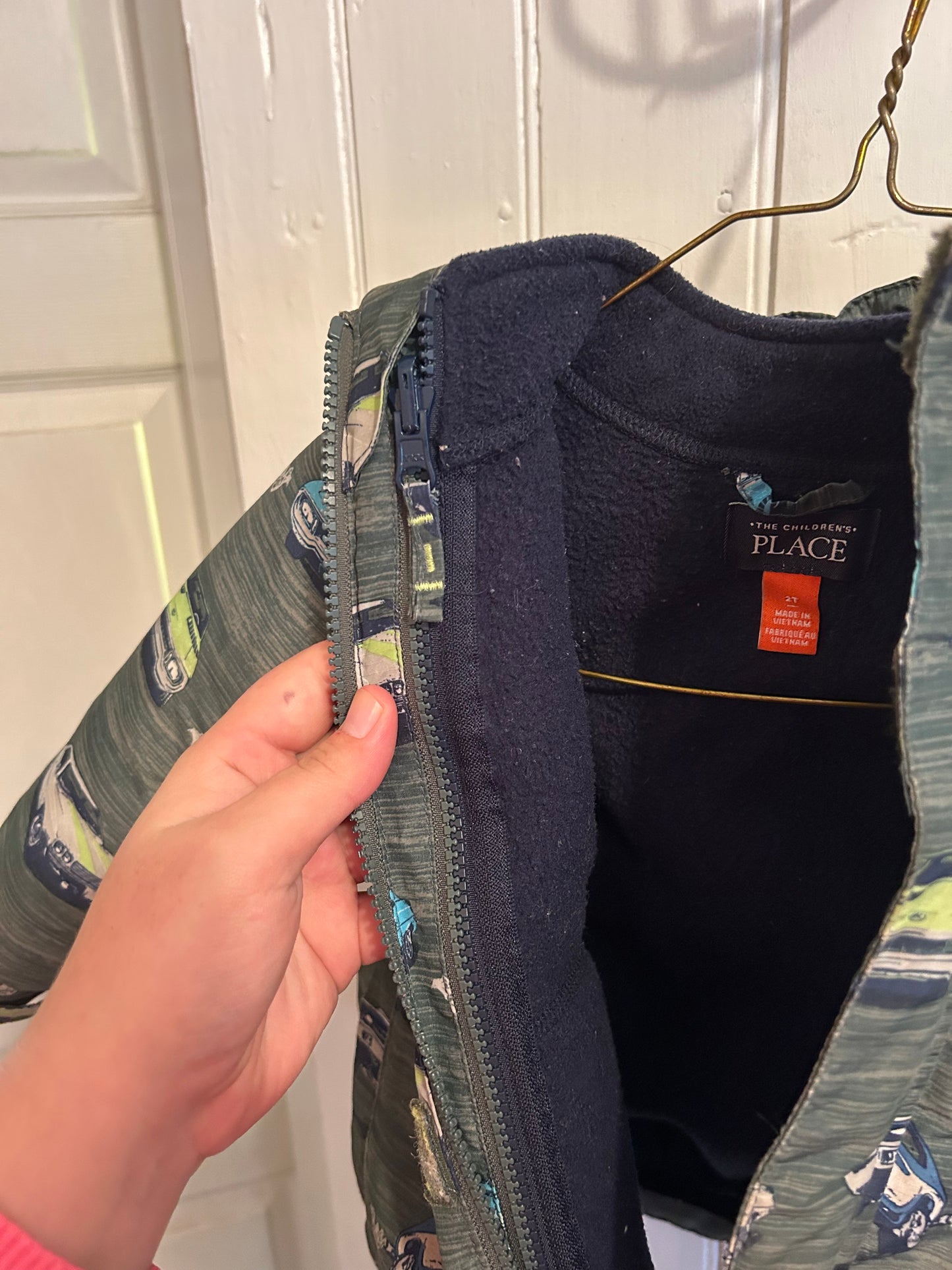 The children’s place 2t green & blue car winter jacket