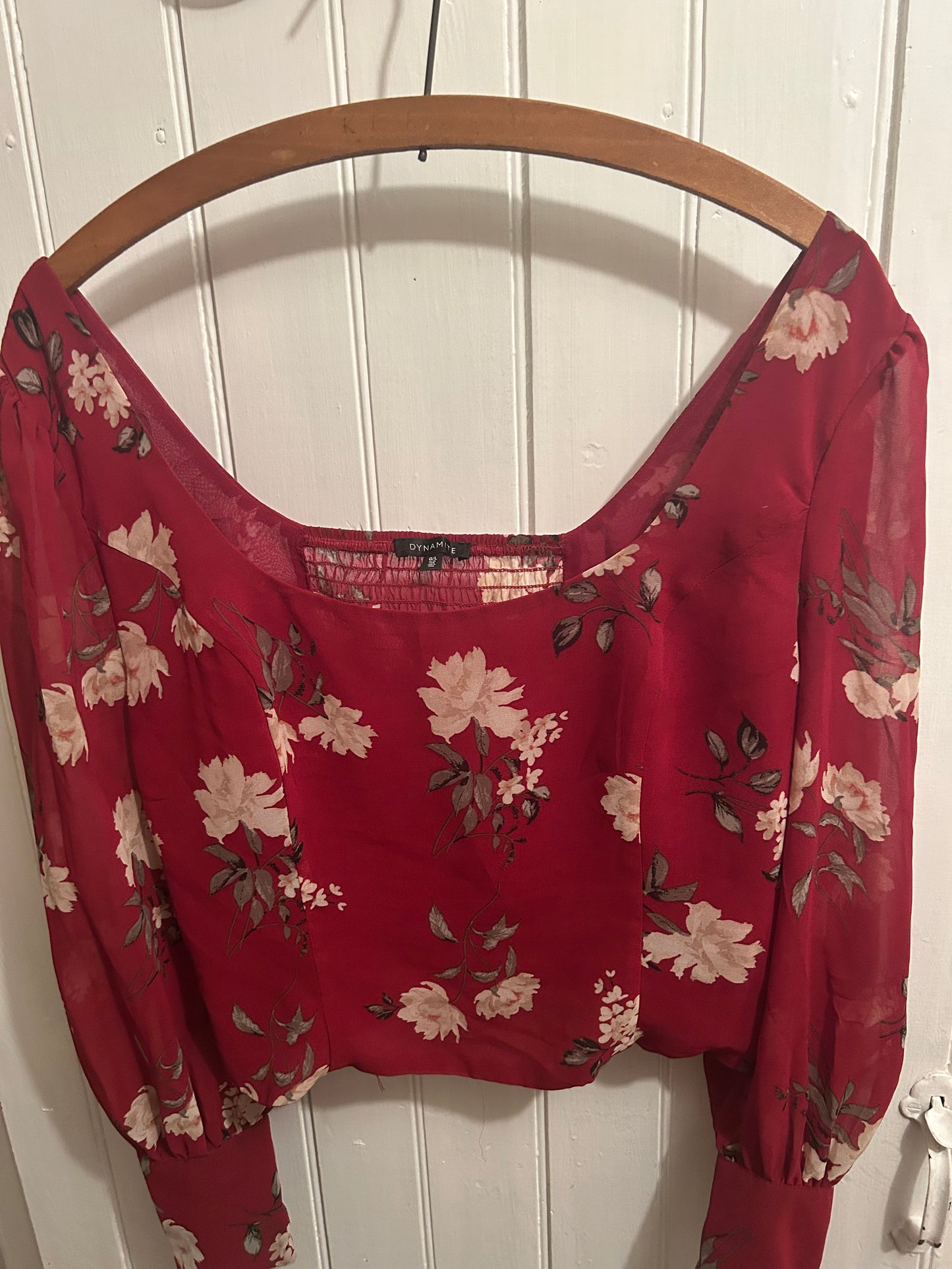 Dynamite large red floral sheet long sleeve cropped blouse