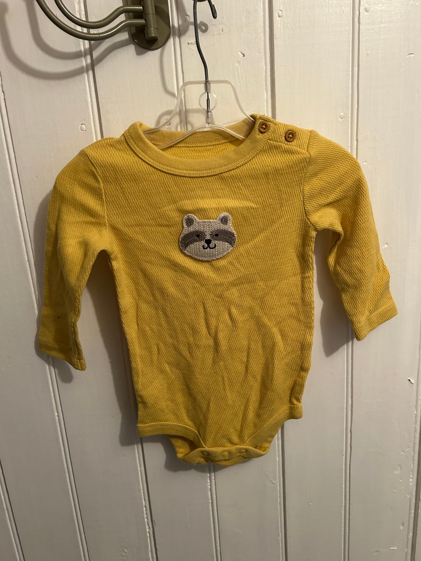Joe fresh 3/6m yellow racoon onesie