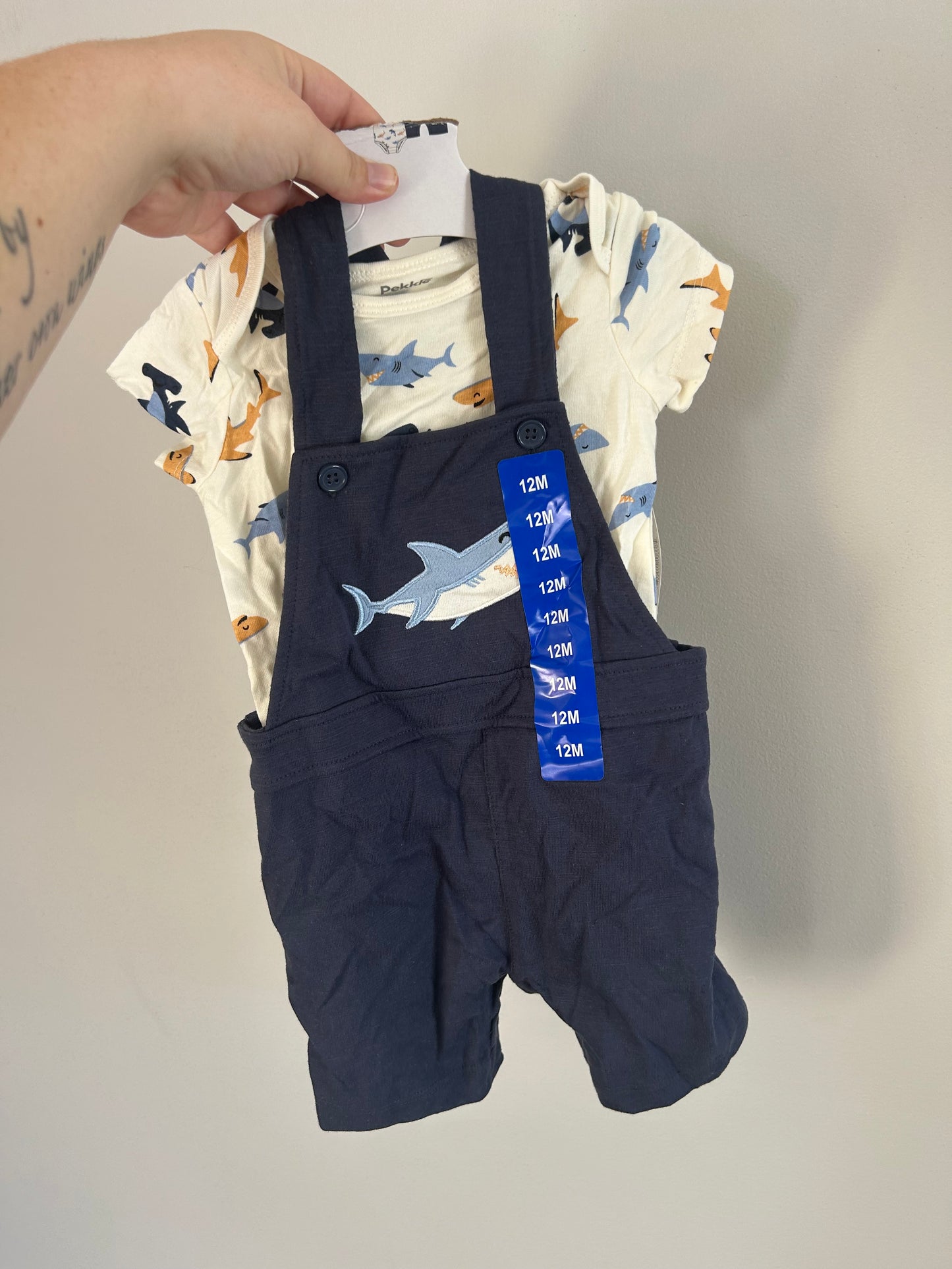 NEW Pekkle 12m shark overall & onesie set