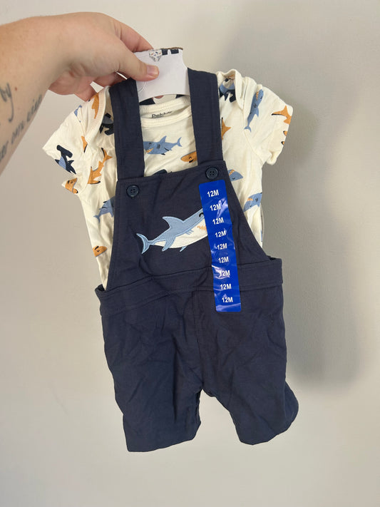 NEW Pekkle 12m shark overall & onesie set