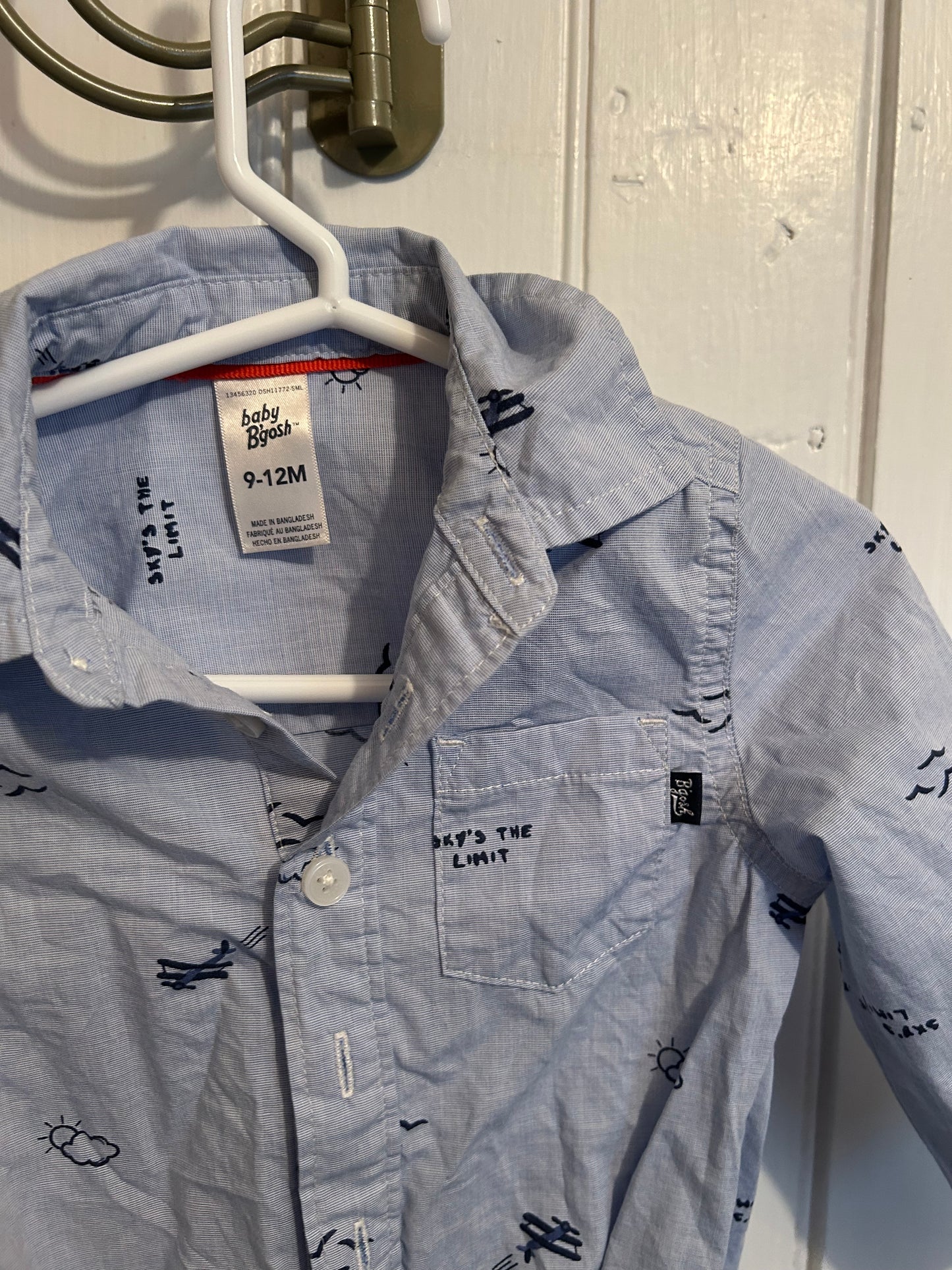Oshkosh 9/12m blue air long sleeve collard onesie