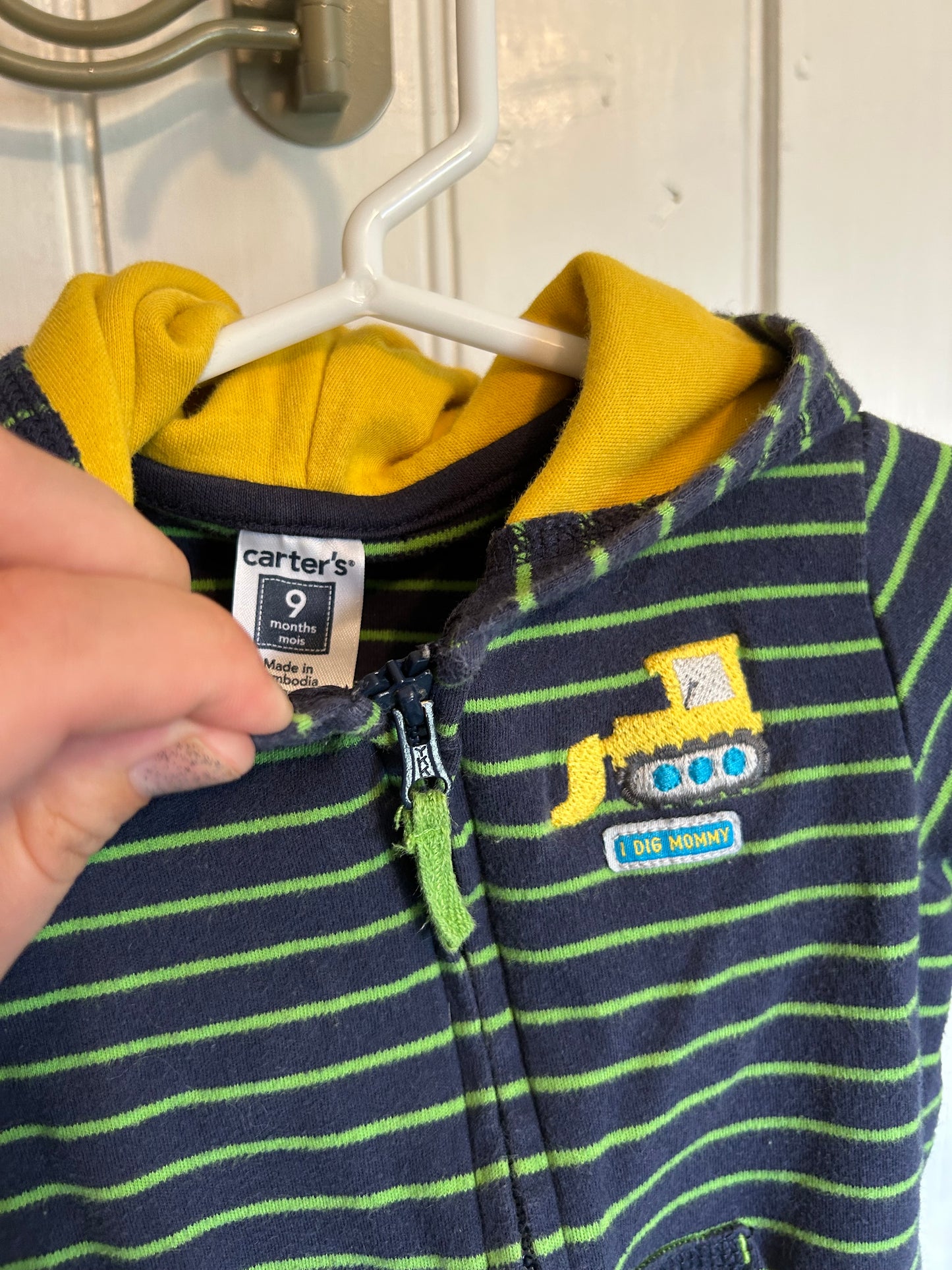 Carters 9m green striped construction hoodie