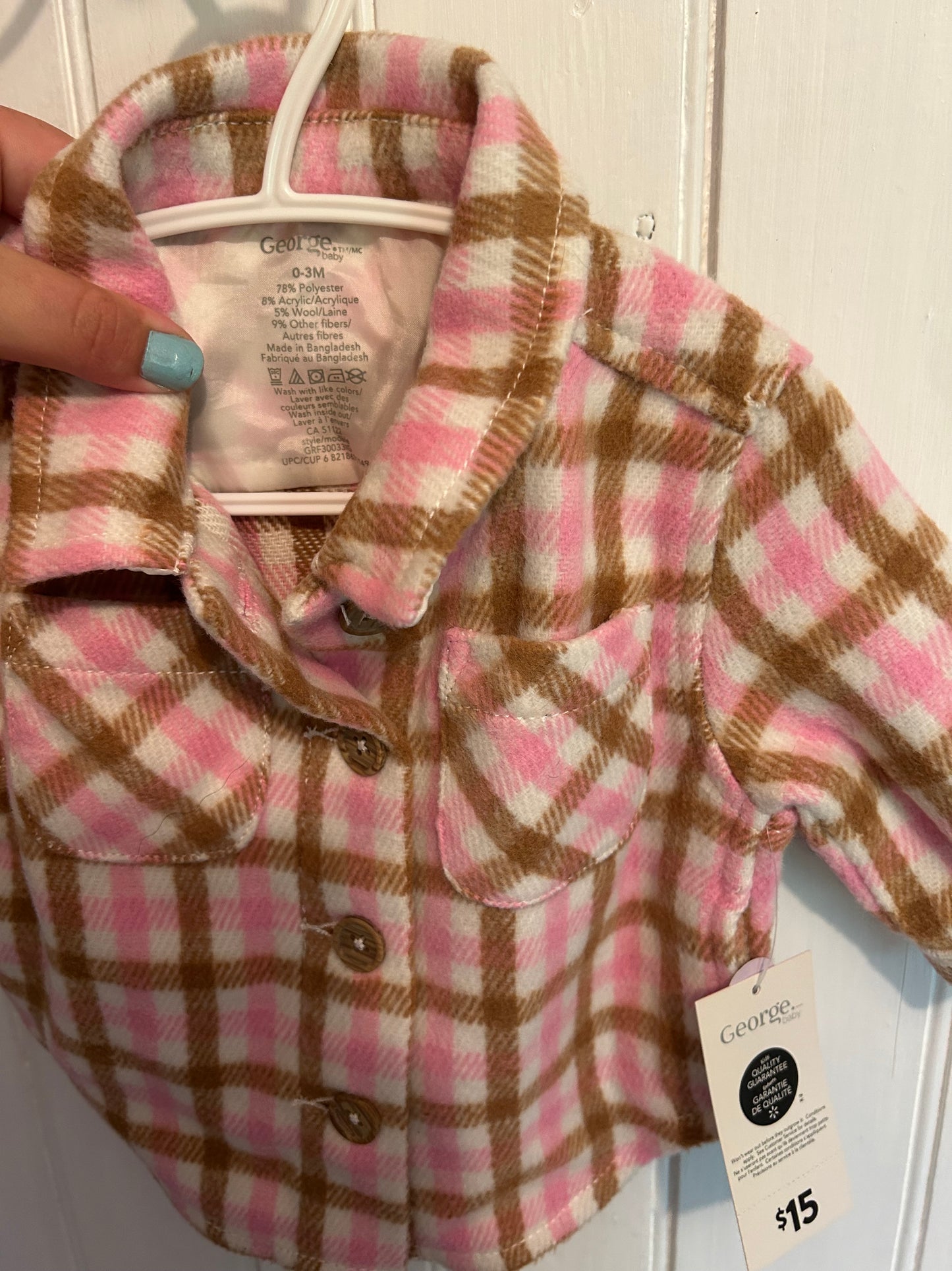 NEW George 0/3m pink & brown plaid felt jacket