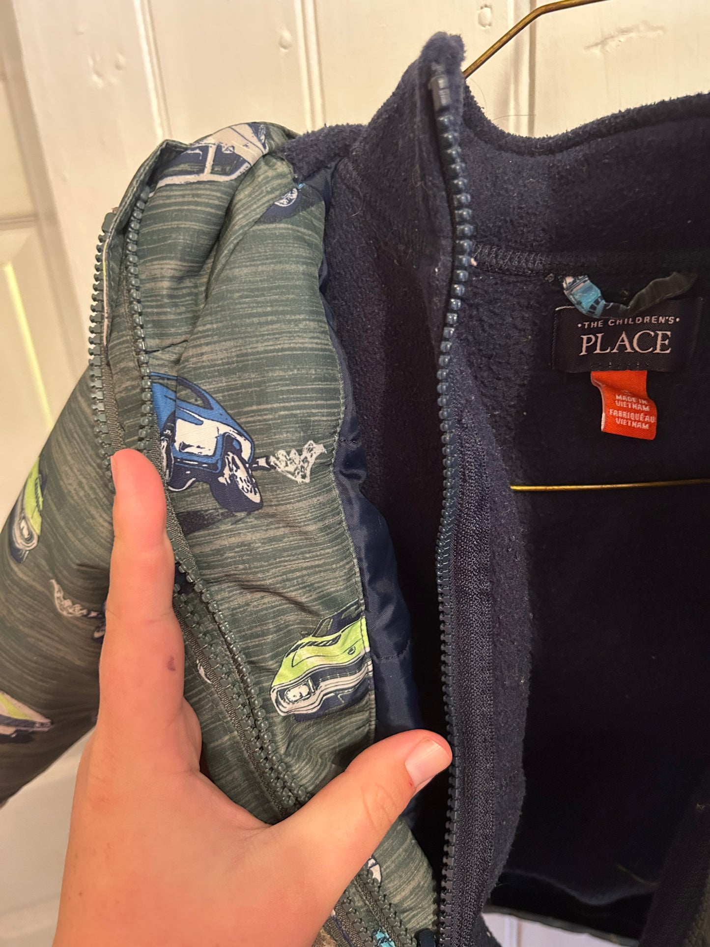 The children’s place 2t green & blue car winter jacket