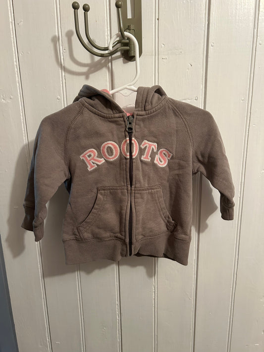 Roots 6/12m brown & pink zip up hoodie