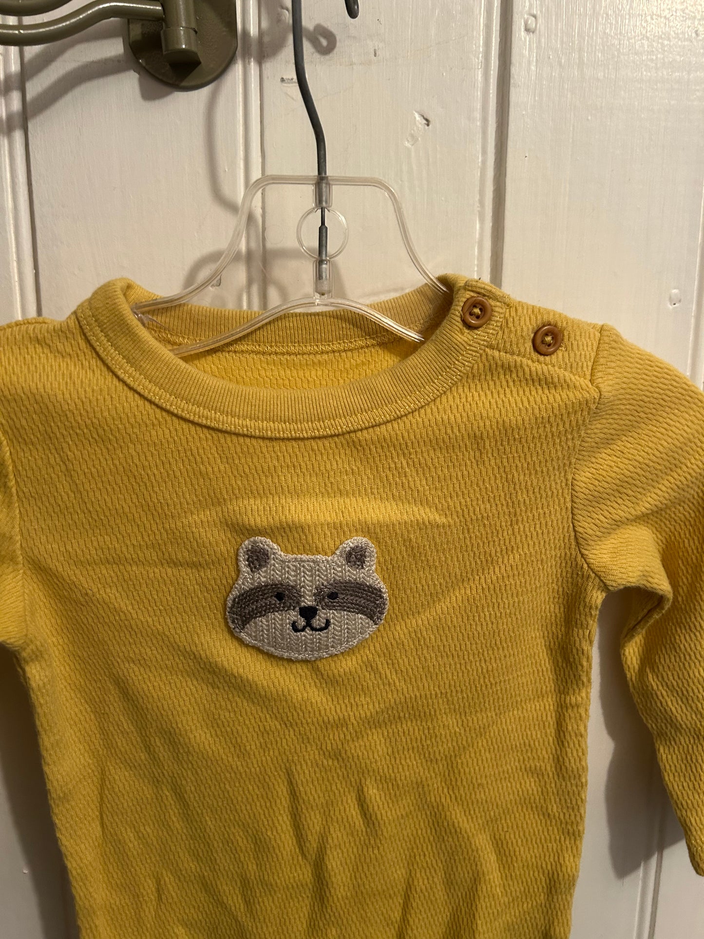 Joe fresh 3/6m yellow racoon onesie