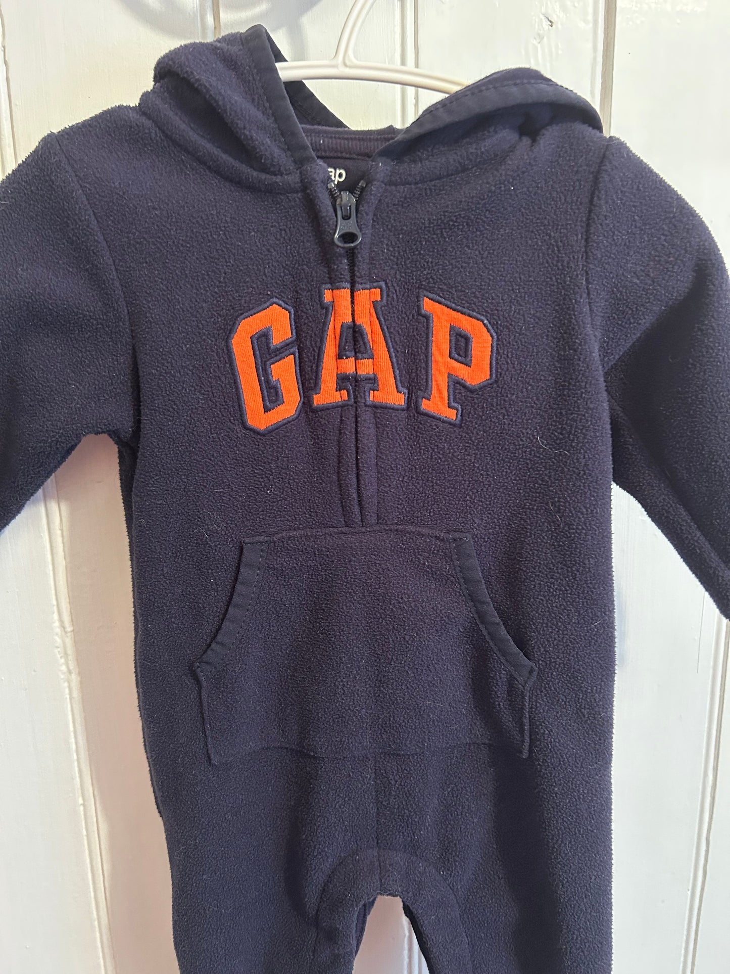 Gap 3/6m blue fleece sweater romper with orange logo