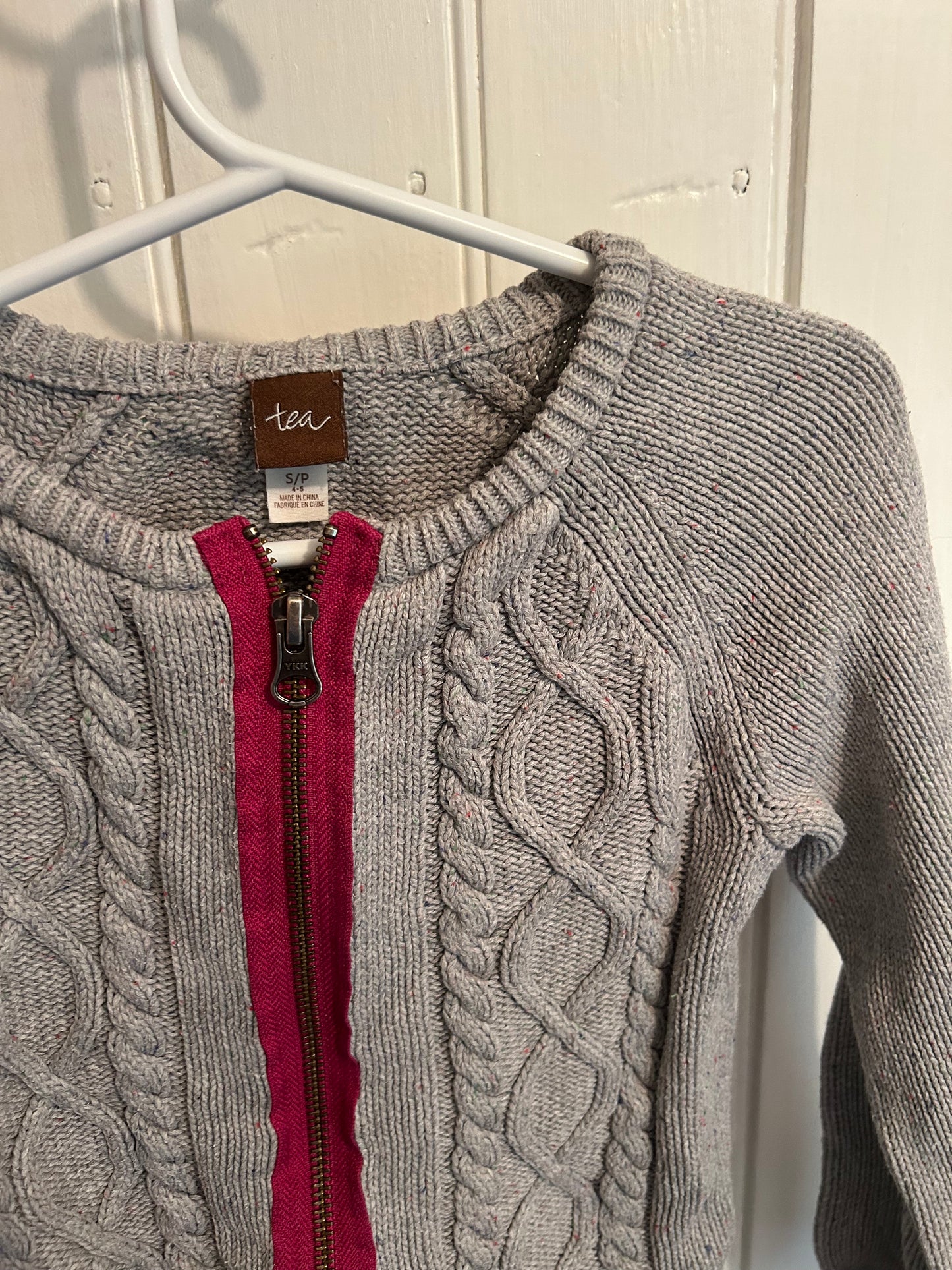 Tea collection 4/5 grey knit pink zip up sweater
