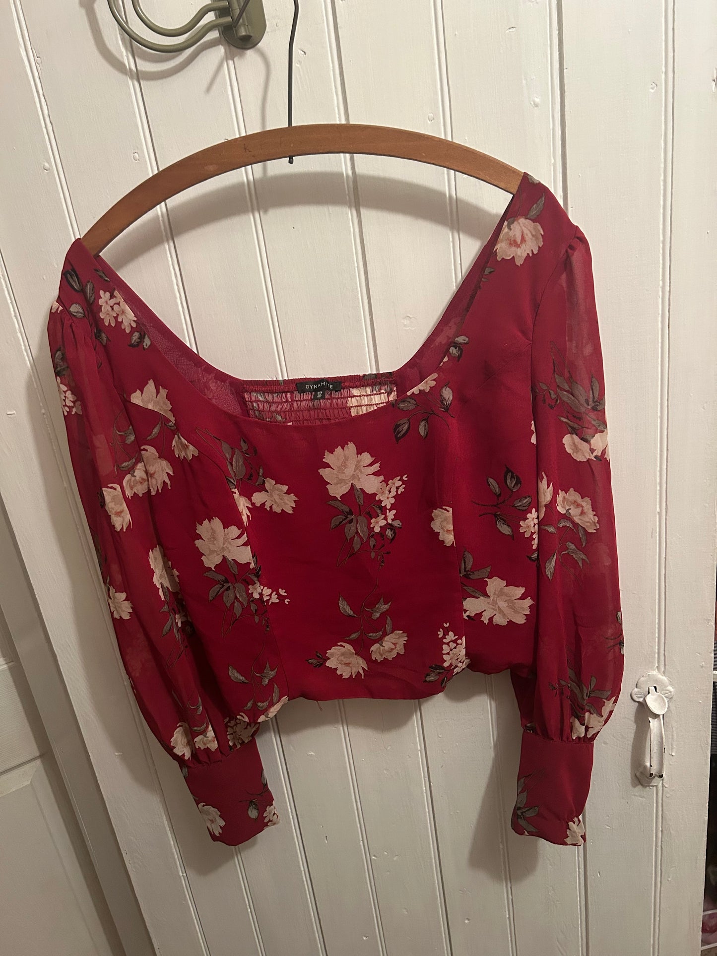 Dynamite large red floral sheet long sleeve cropped blouse