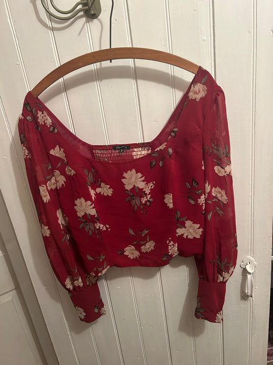 Dynamite large red floral sheet long sleeve cropped blouse
