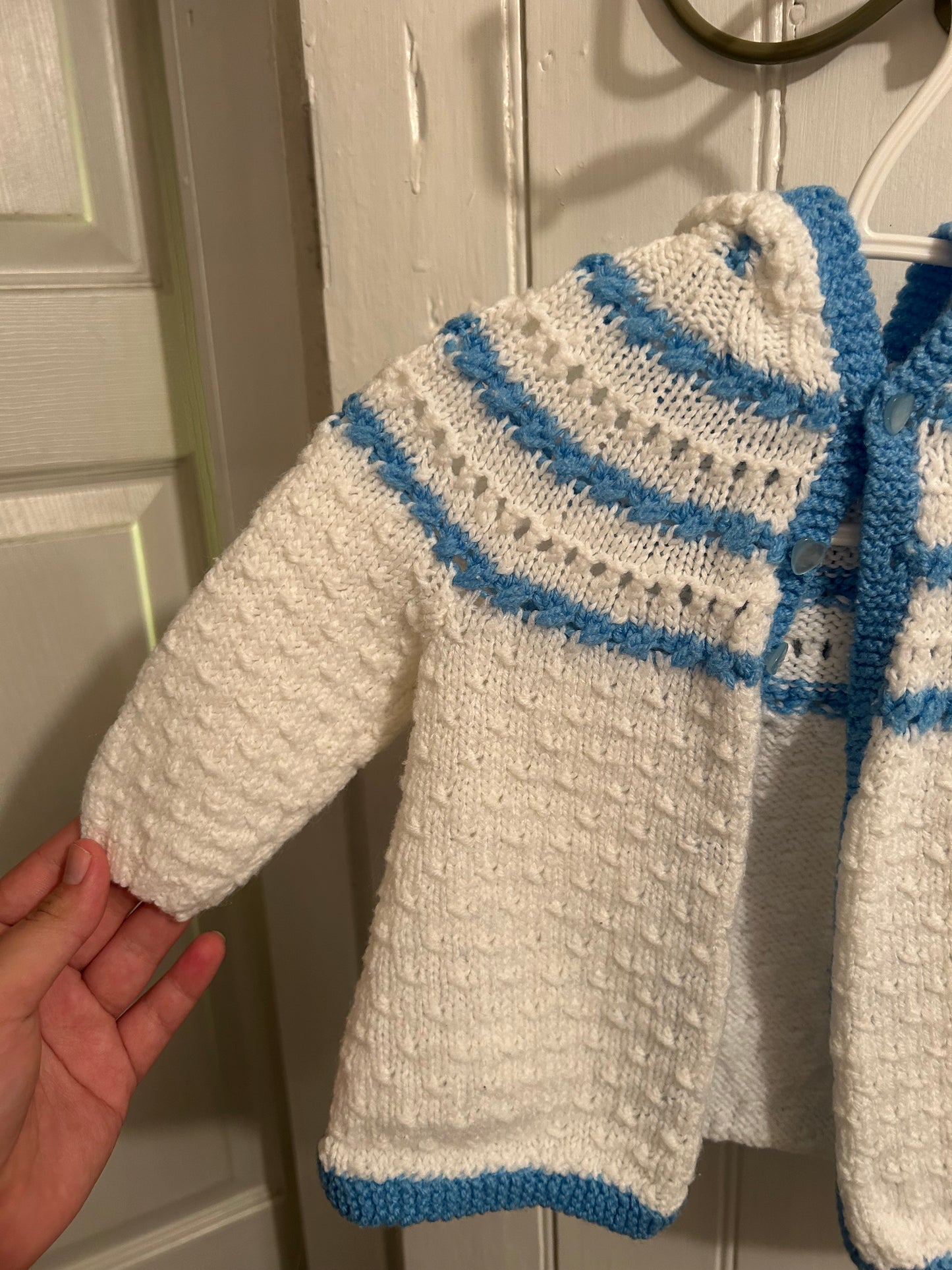 Handmade 12m blue & white knit button up hooded cardigan