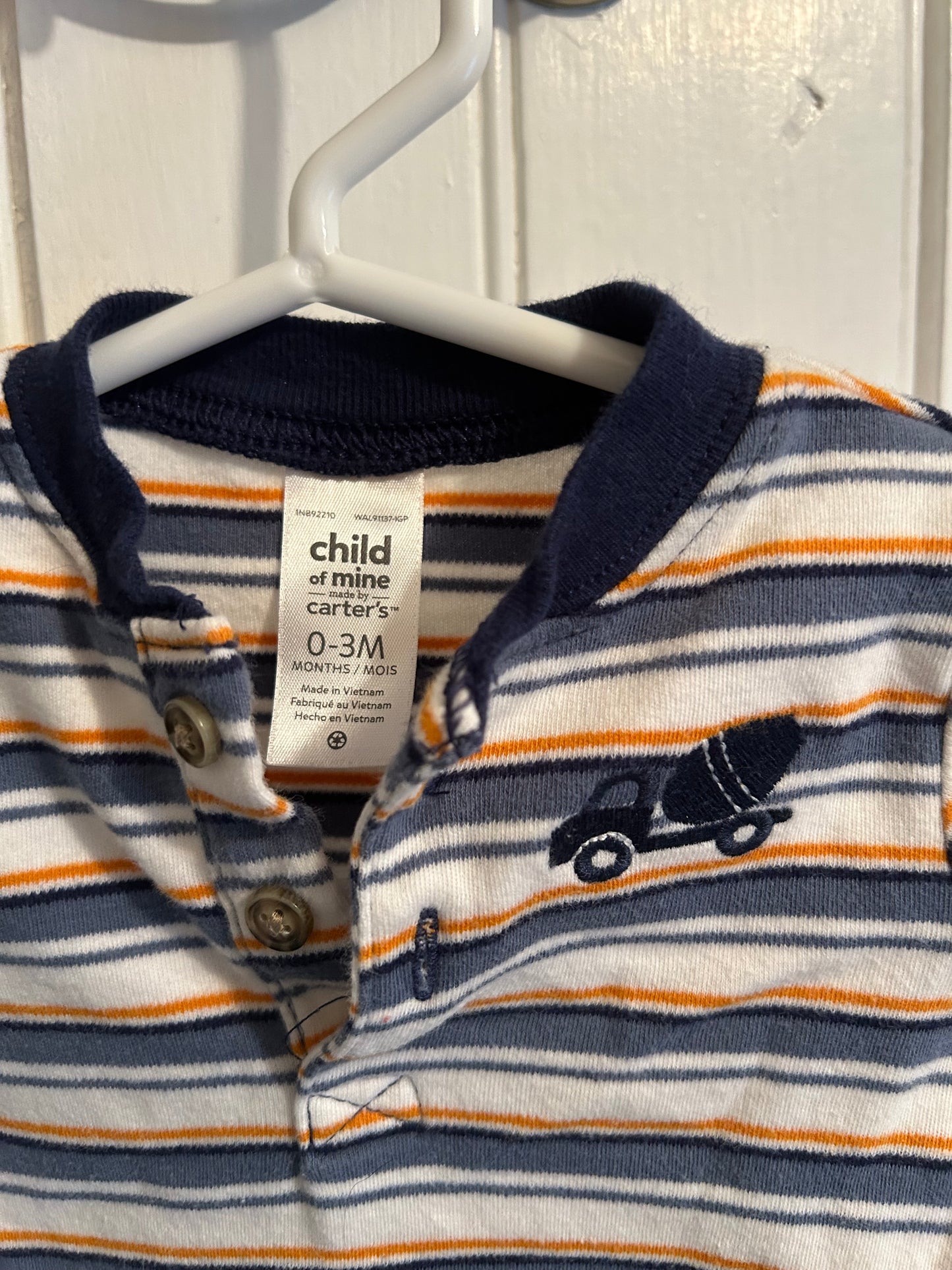 Carters 0/3m blue & orange striped truck onesie