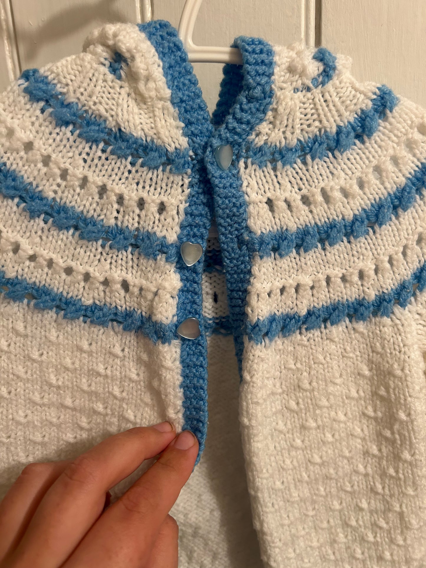 Handmade 12m blue & white knit button up hooded cardigan