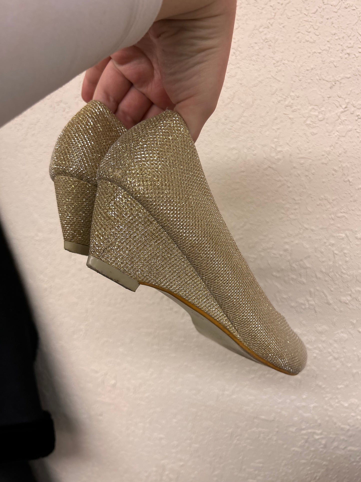 Steps 6 gold glitter wedge heels