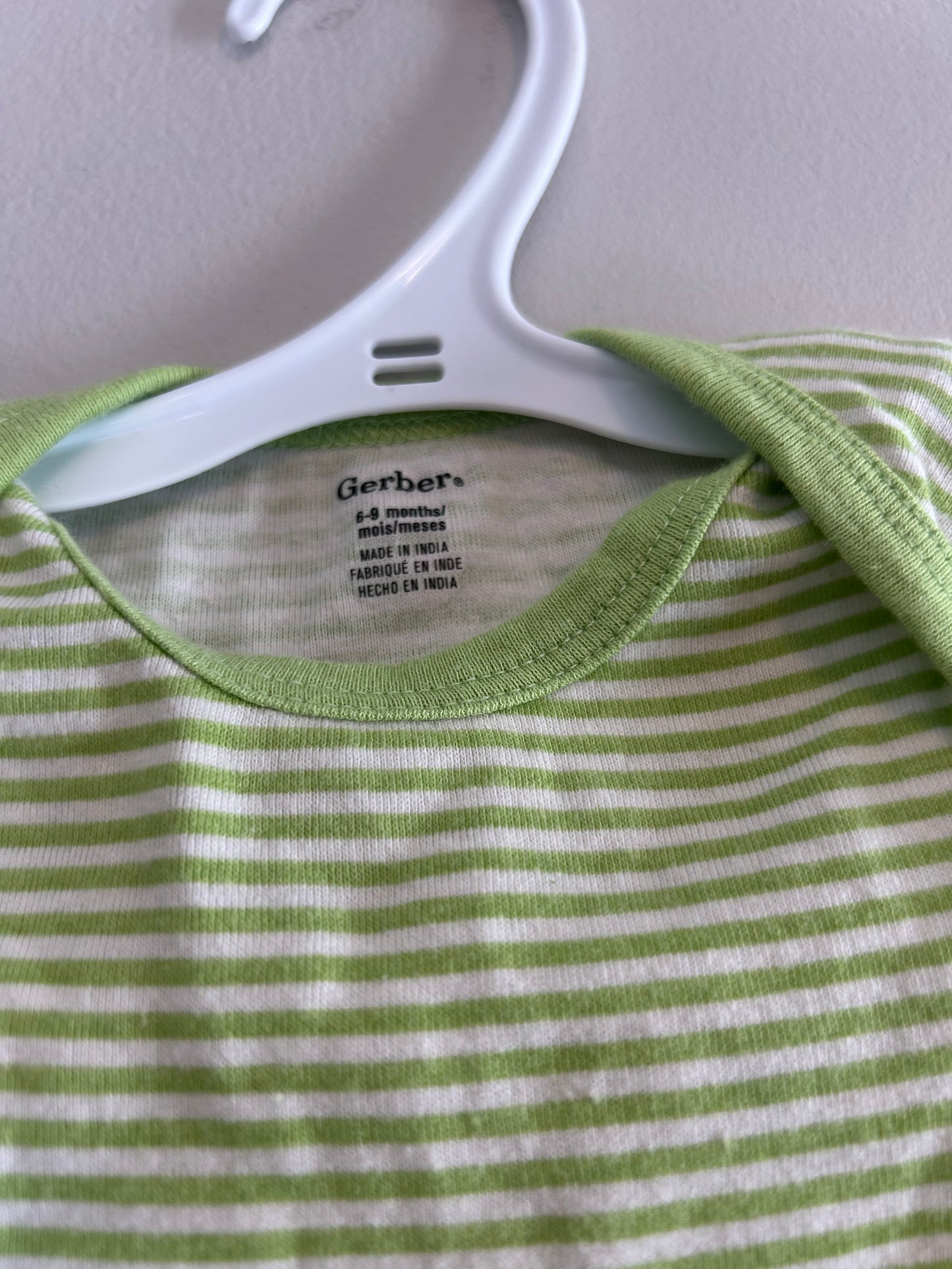 Gerber 6/9m green striped onesie