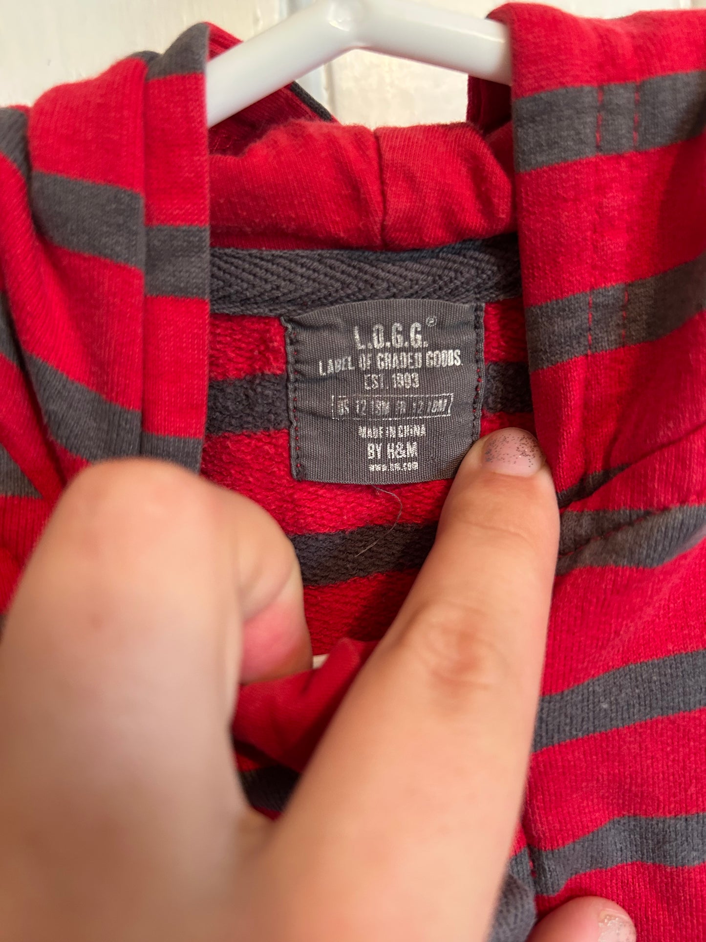 H&M 12/18m red & grey striped zip up hoodie