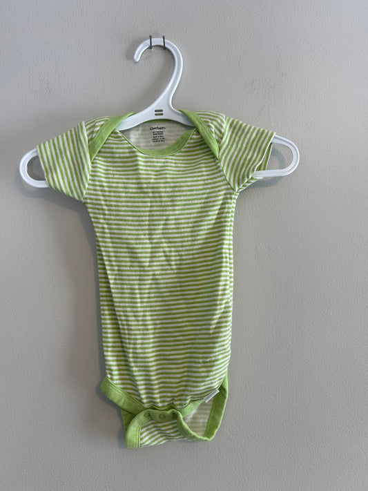 Gerber 6/9m green striped onesie