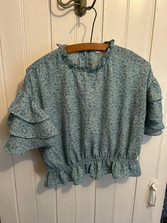 Suzy sheir medium blue floral ruffle blouse