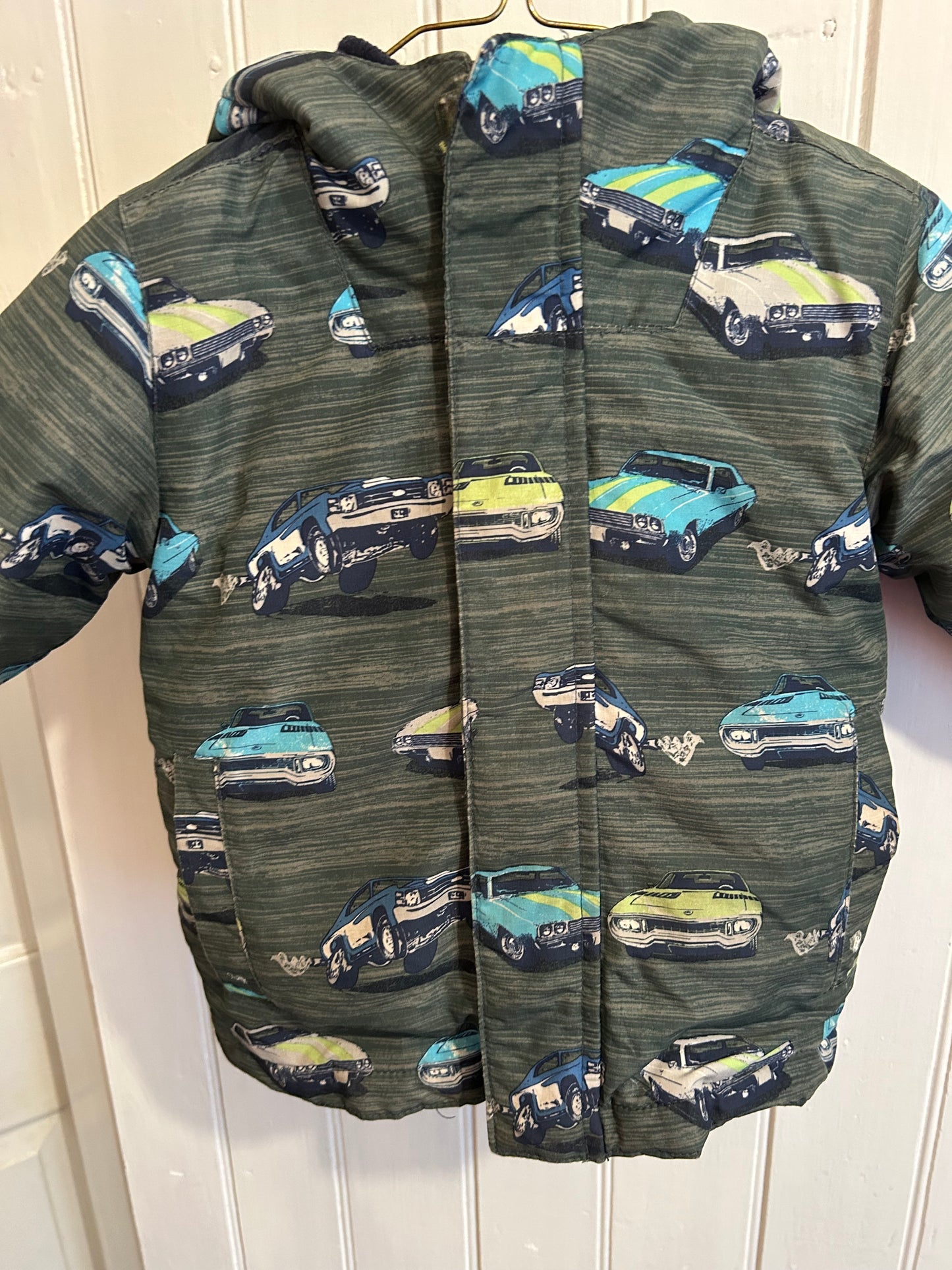 The children’s place 2t green & blue car winter jacket