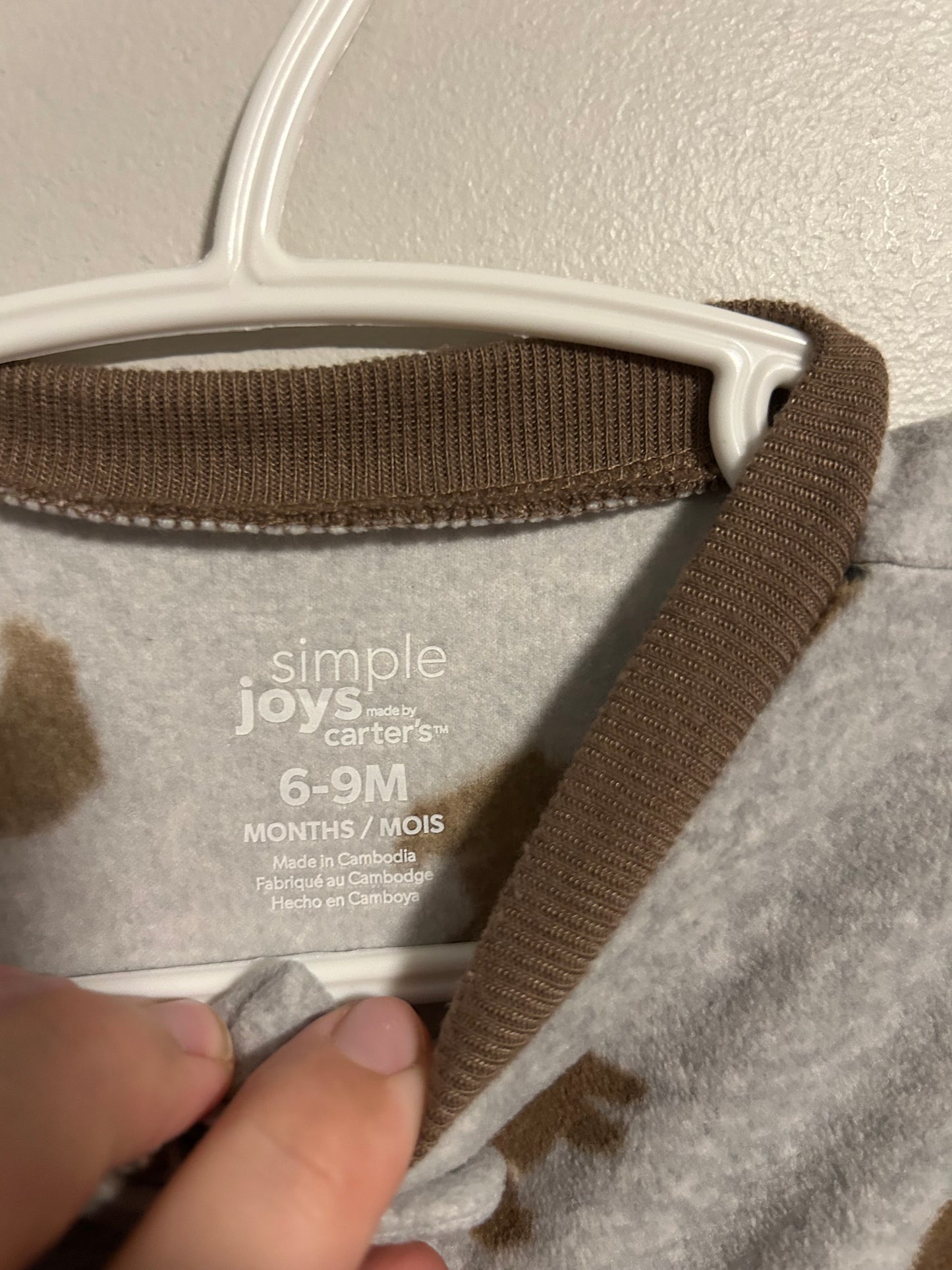 Carters 6/9m grey & brown bear fleece sleeper