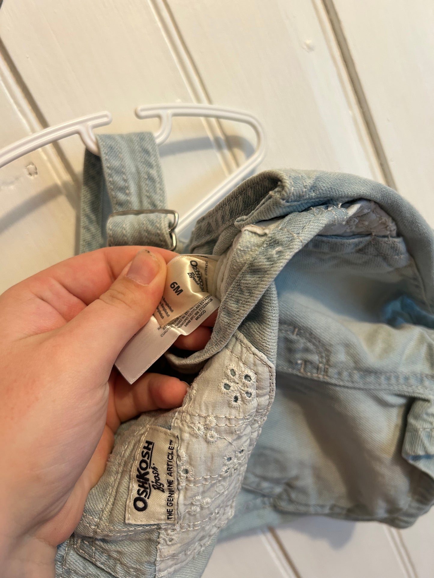 Oshkosh 6m light wash lace short denim overalls