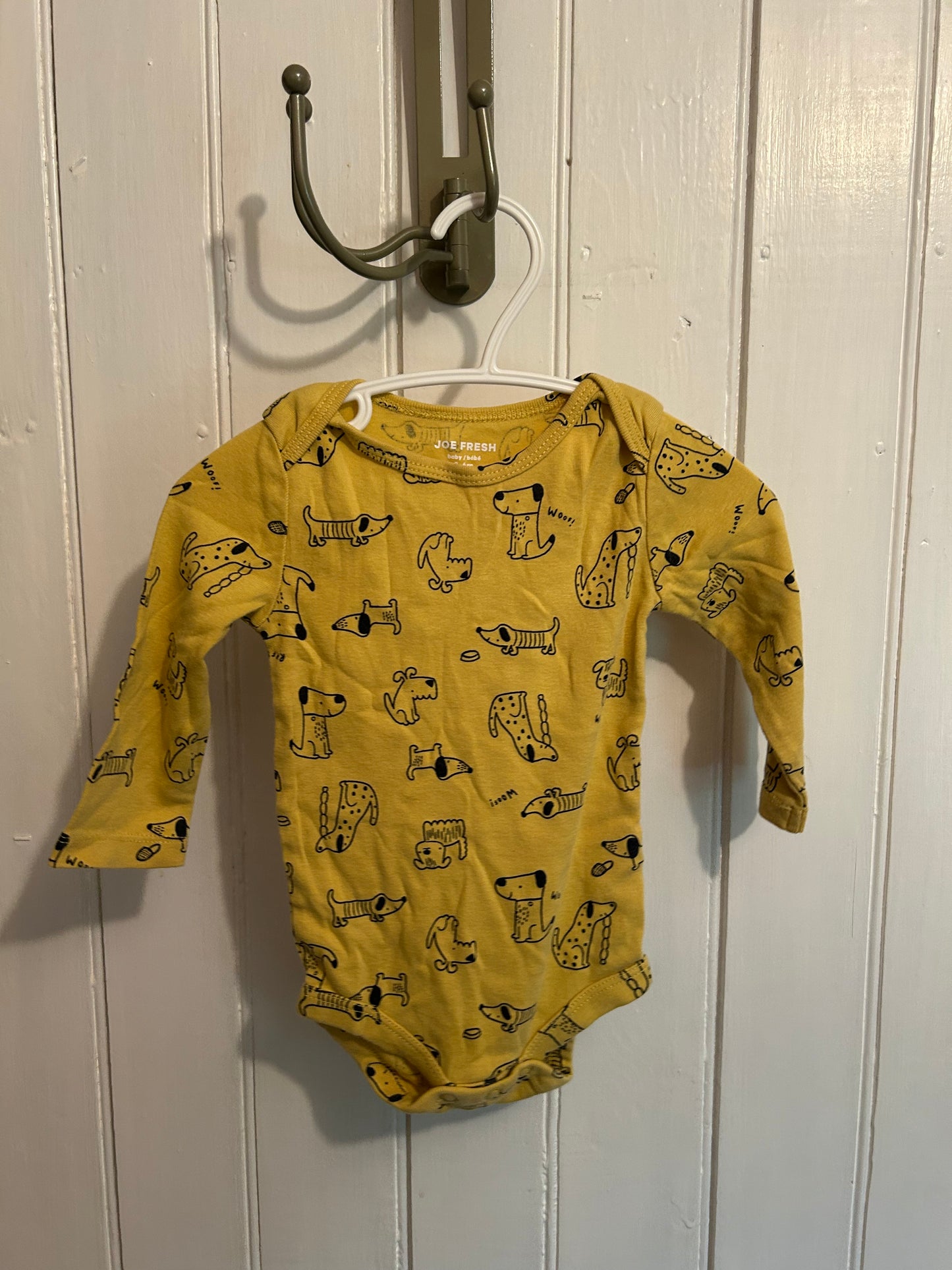 Joe fresh 3/6m yellow dog onesie