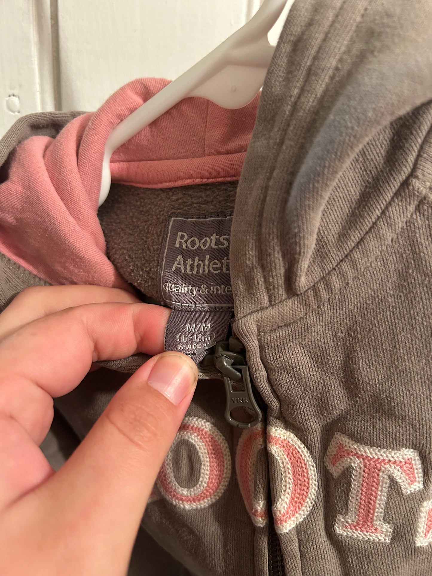 Roots 6/12m brown & pink zip up hoodie