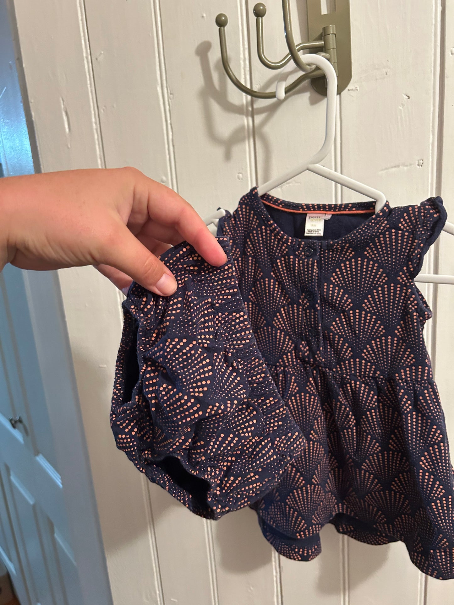 Petit Lem 9m navy & peach polka dot dress