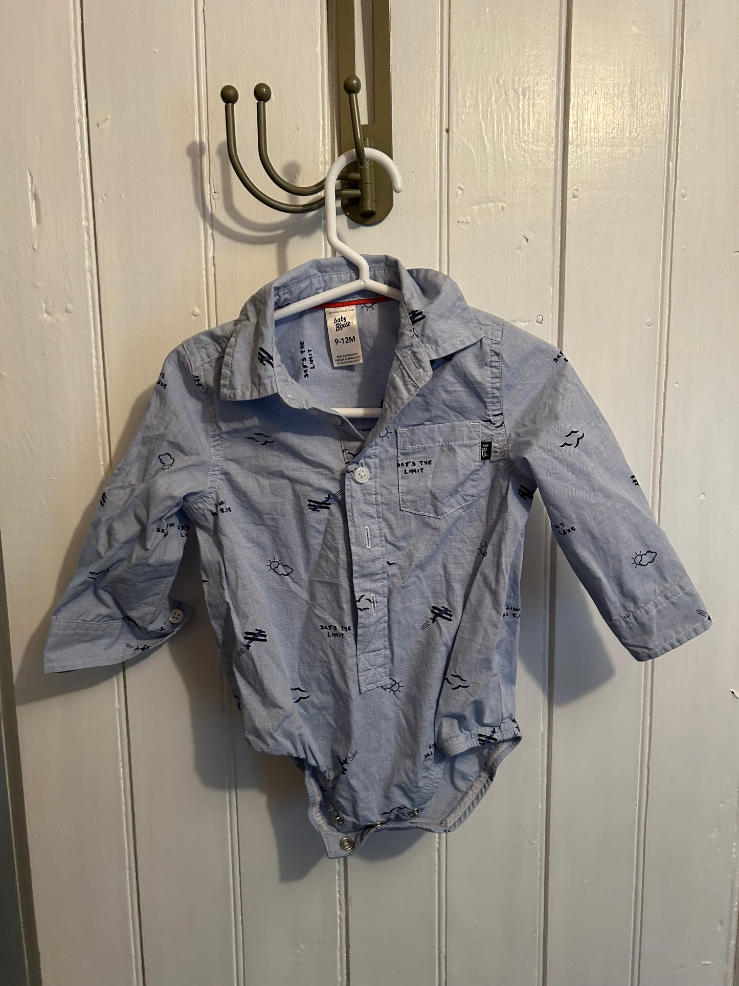 Oshkosh 9/12m blue air long sleeve collard onesie