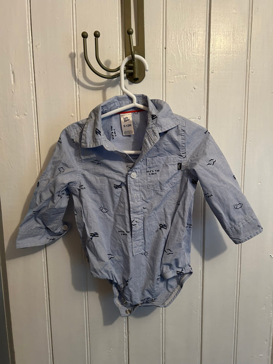 Oshkosh 9/12m blue air long sleeve collard onesie