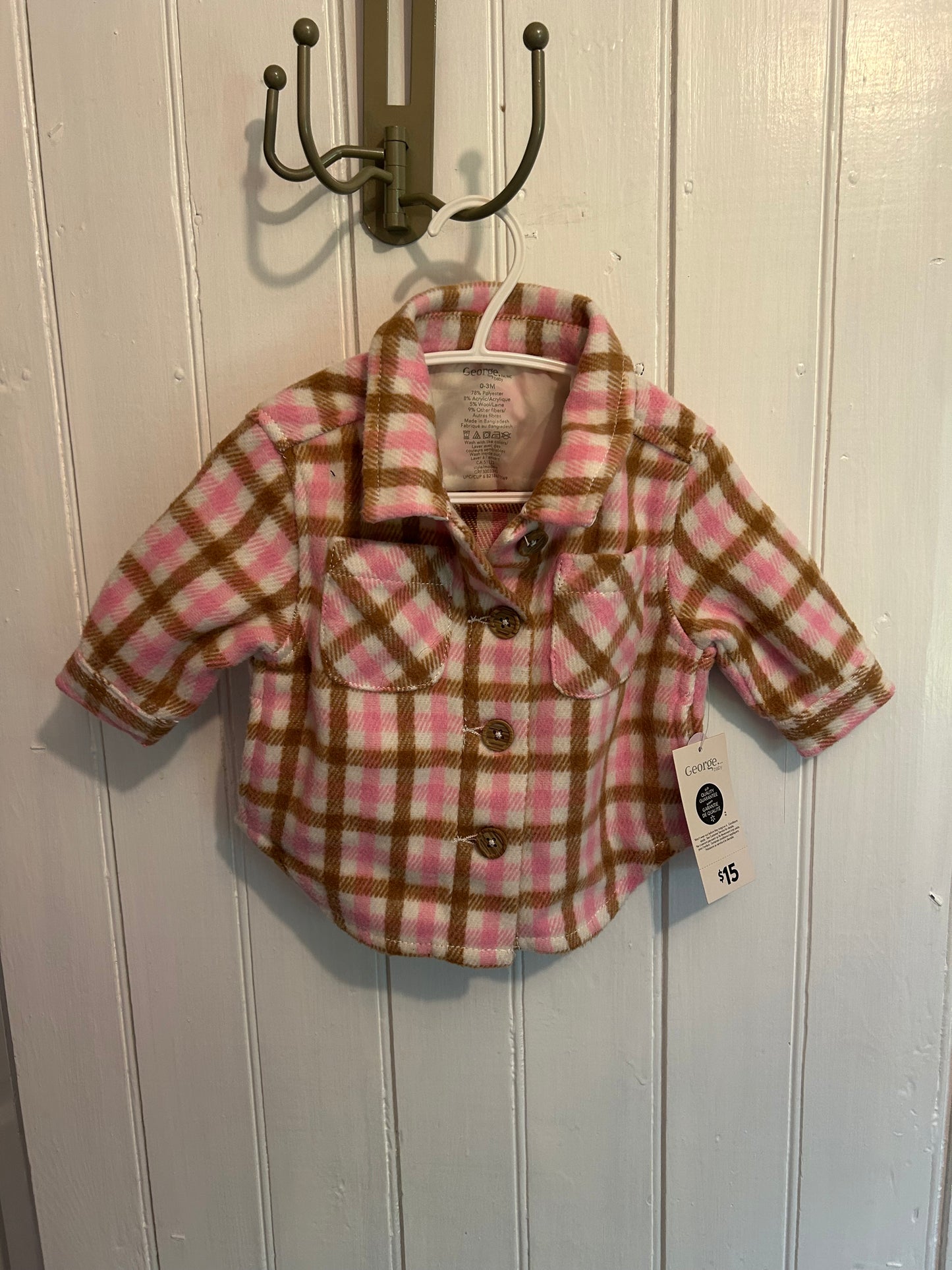 NEW George 0/3m pink & brown plaid felt jacket