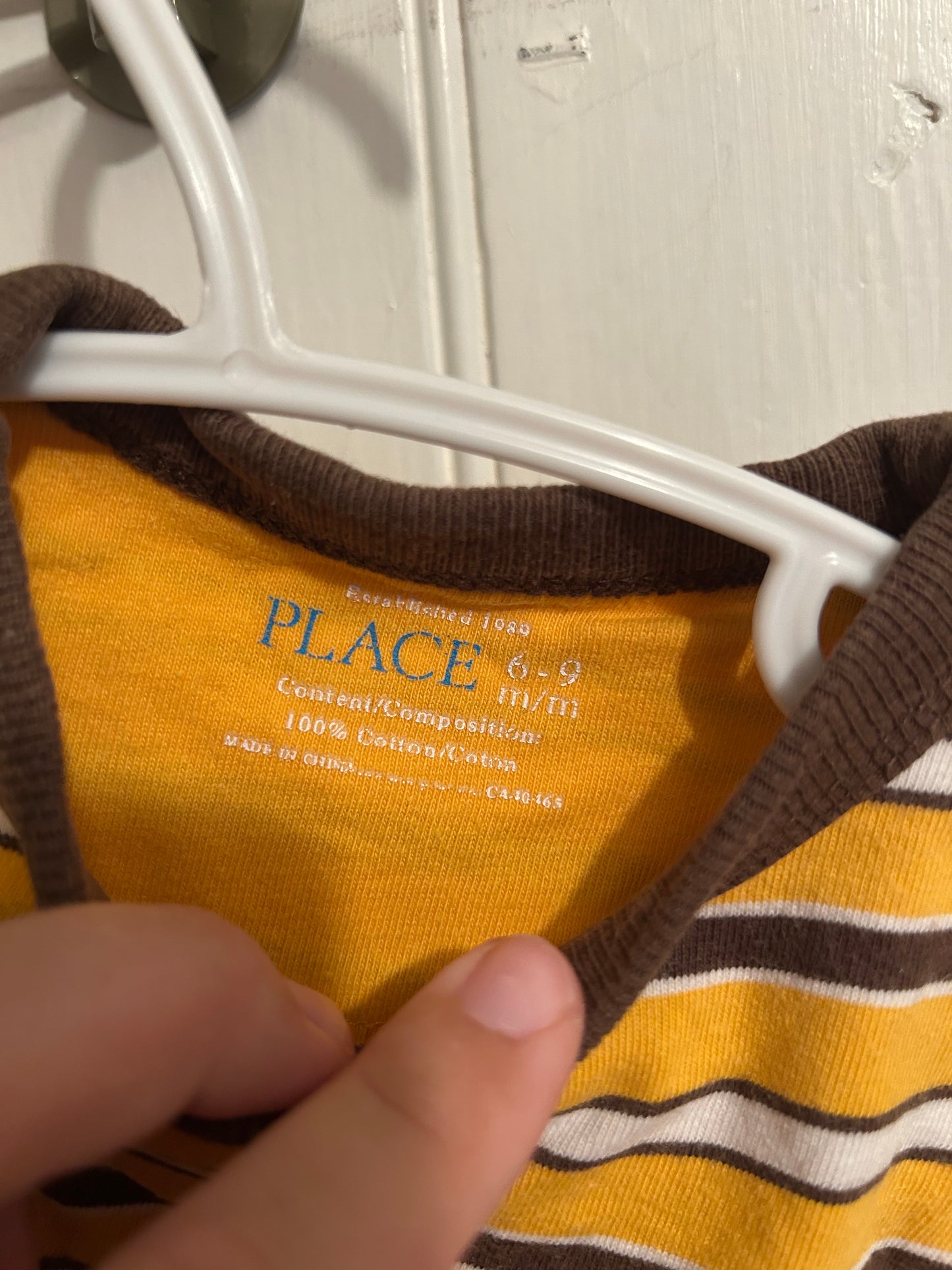 Children’s place 6/9m yellow & brown striped onesie